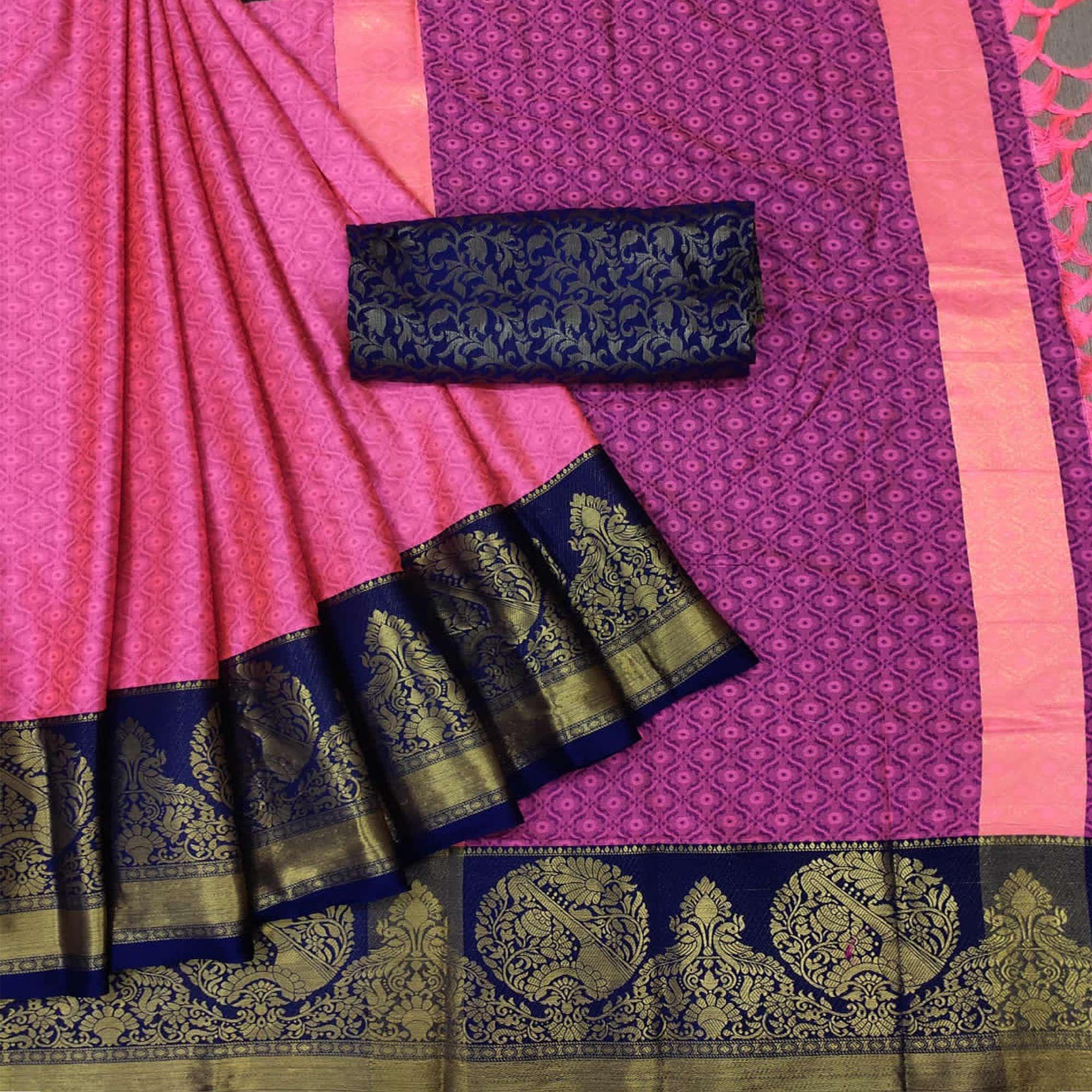 Pink Woven Cotton Silk Saree - Peachmode