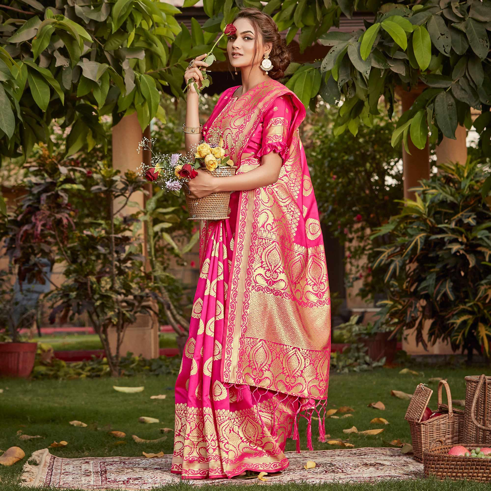 Pink Woven Cotton Silk Saree - Peachmode