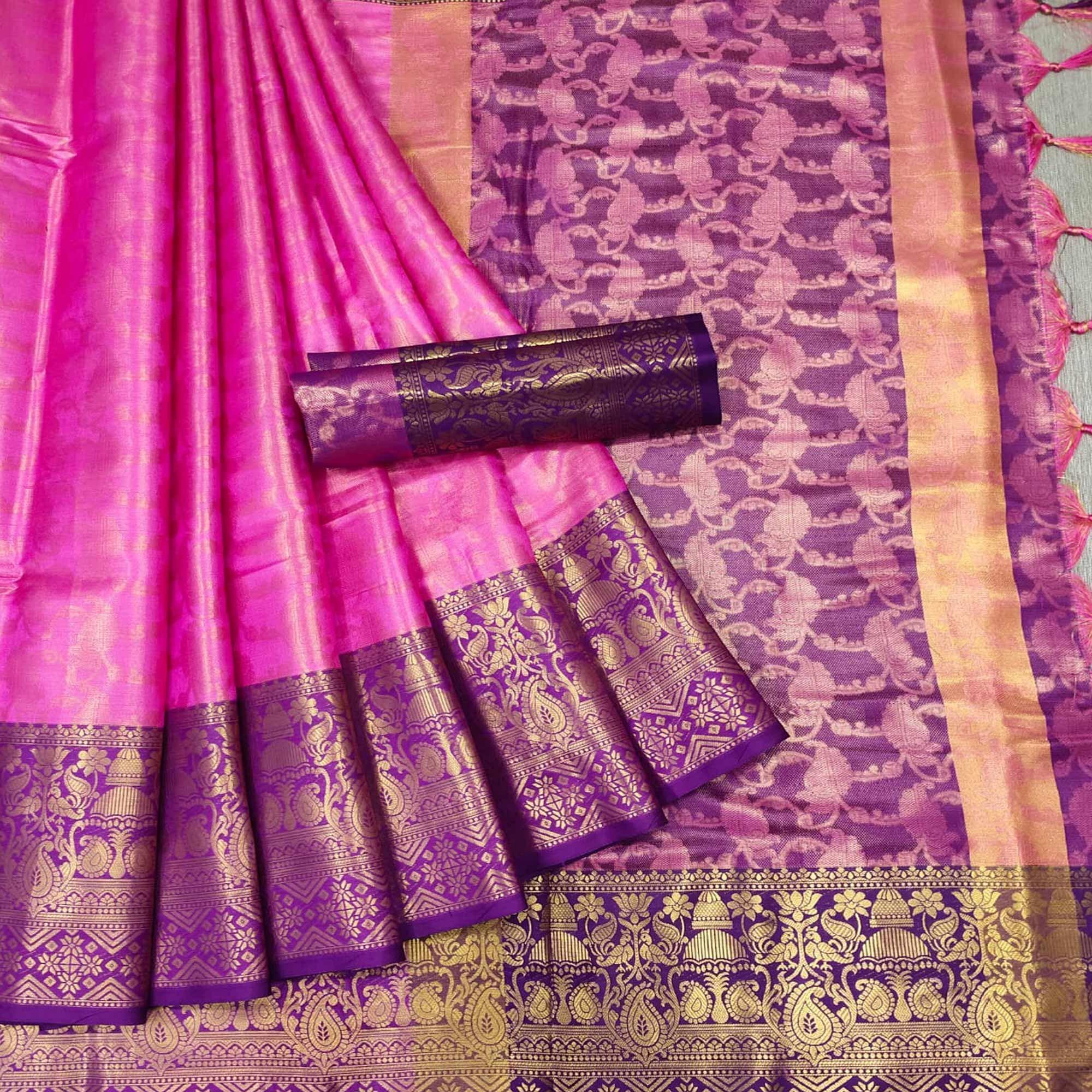 Pink Woven Cotton Silk Saree - Peachmode