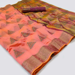 Pink Woven Cotton Silk Saree - Peachmode