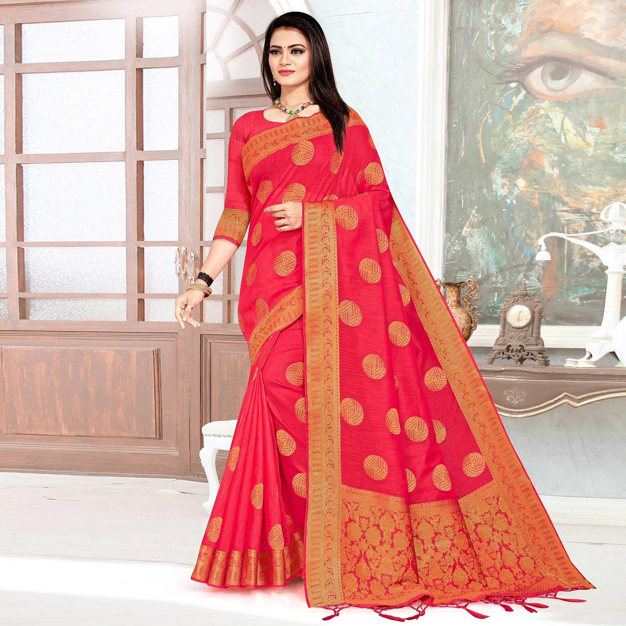 Pink Woven Cotton Silk Saree - Peachmode
