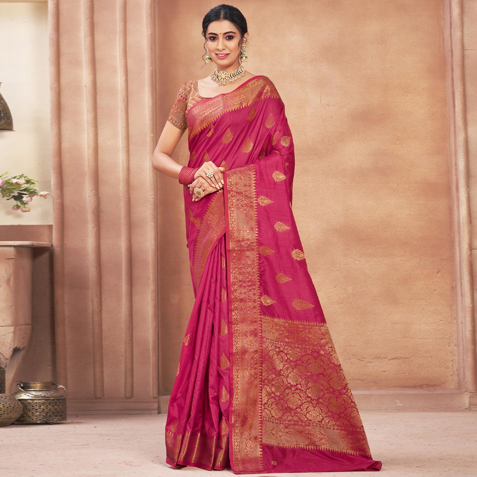 Pink Woven Cotton Silk Saree - Peachmode