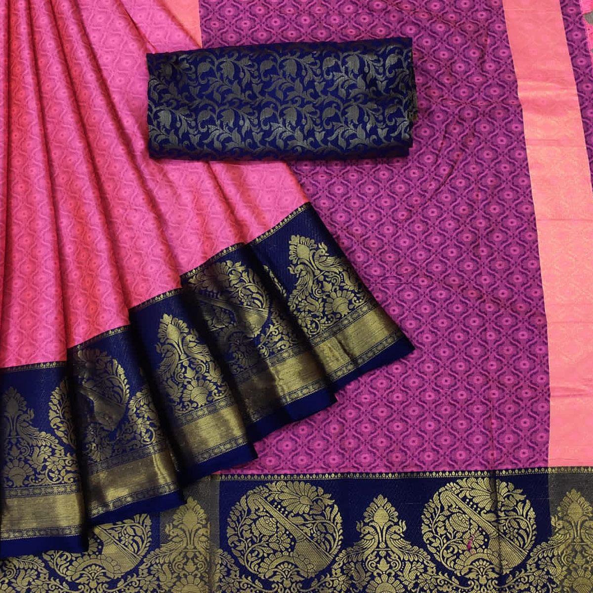 Pink Woven Cotton Silk Saree - Peachmode