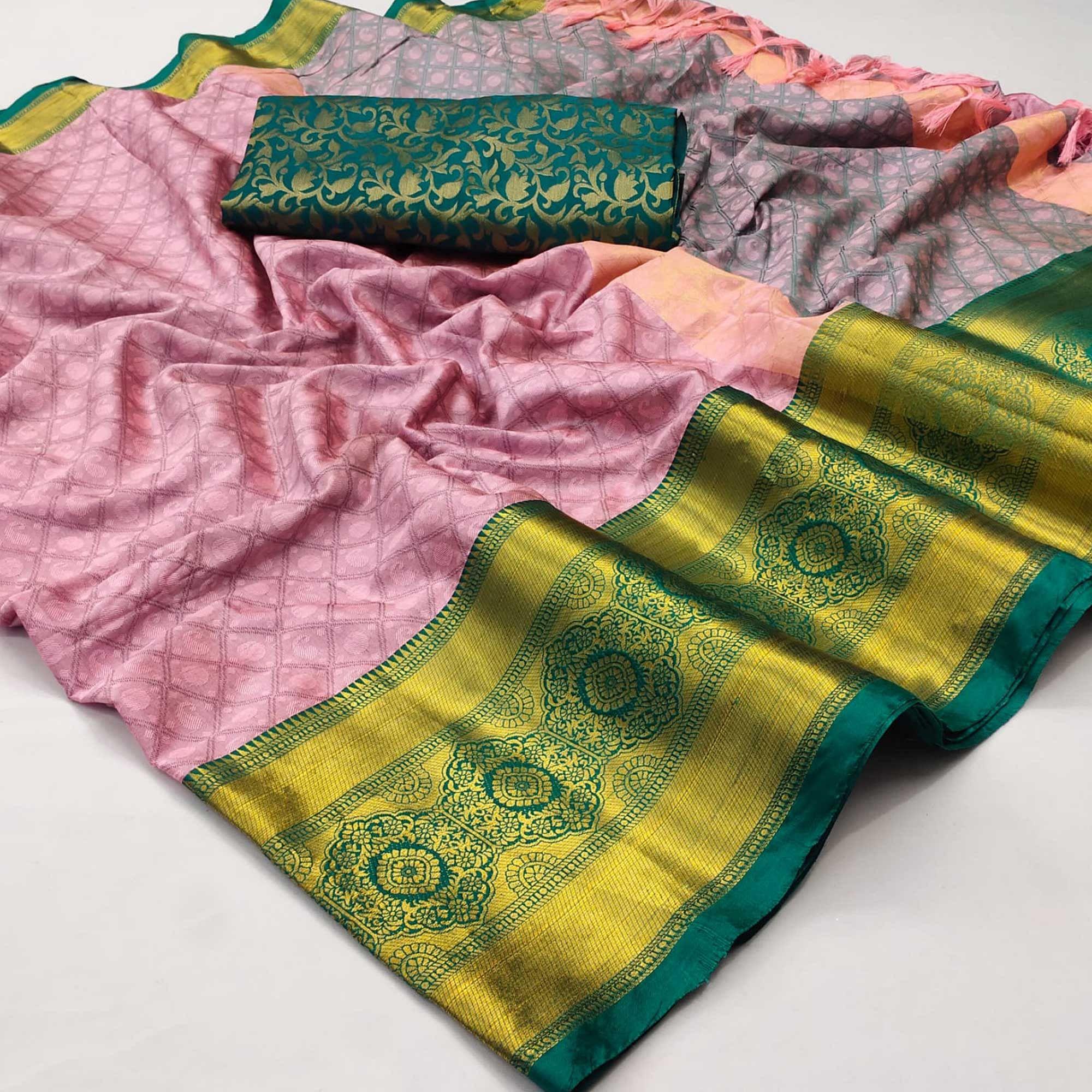 Pink Woven Cotton Silk Saree - Peachmode