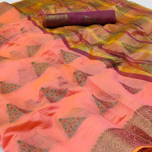 Pink Woven Cotton Silk Saree - Peachmode