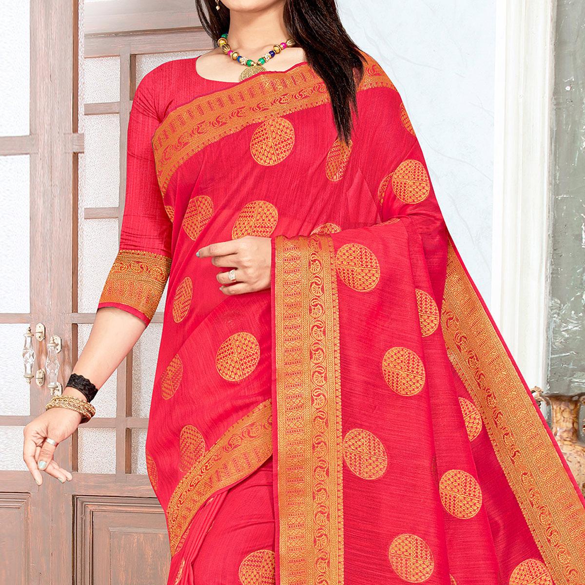 Pink Woven Cotton Silk Saree - Peachmode