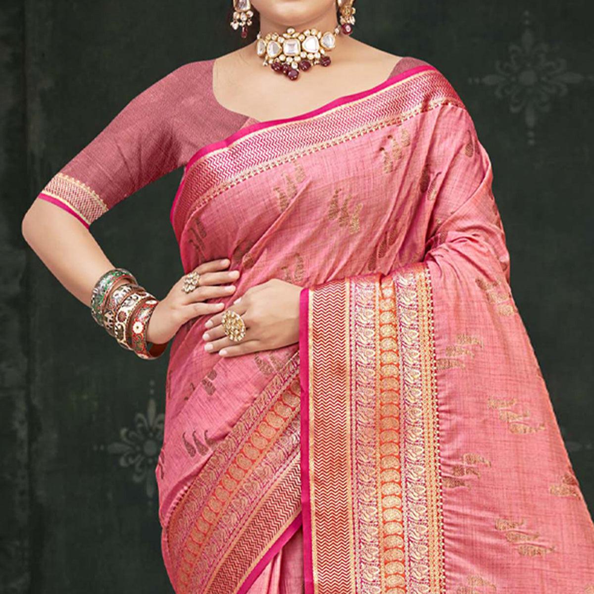 Pink Woven Cotton Silk Saree - Peachmode