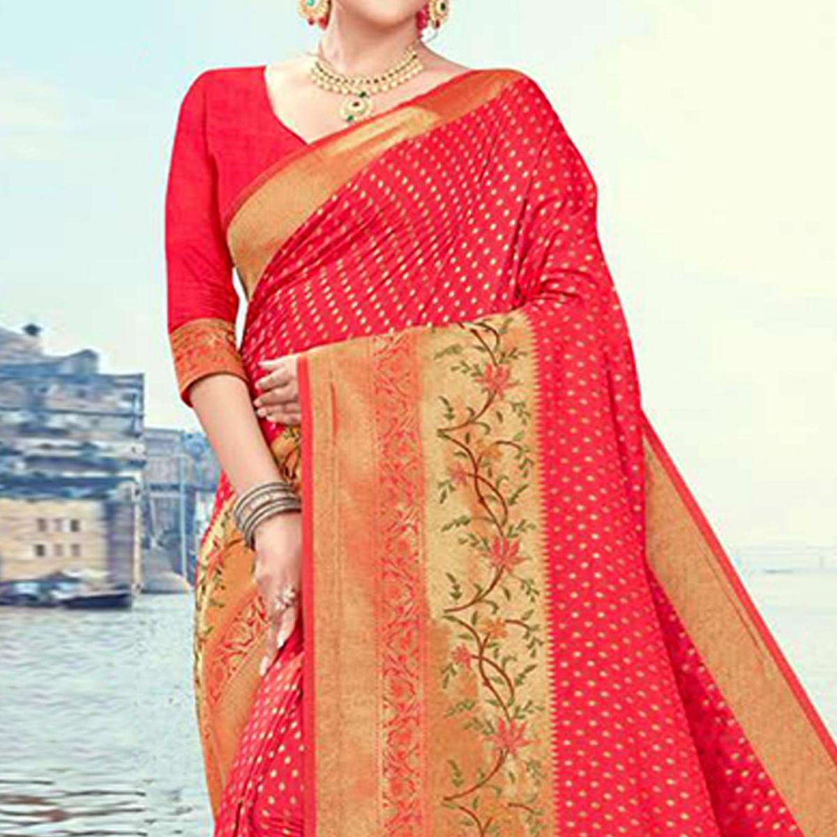 Pink Woven Cotton Silk Saree - Peachmode