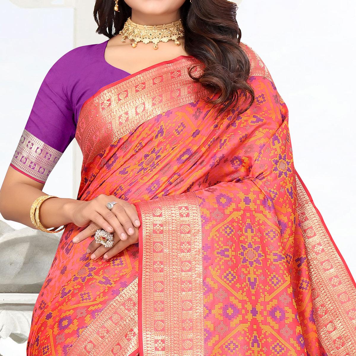 Pink Woven Cotton Silk Saree - Peachmode