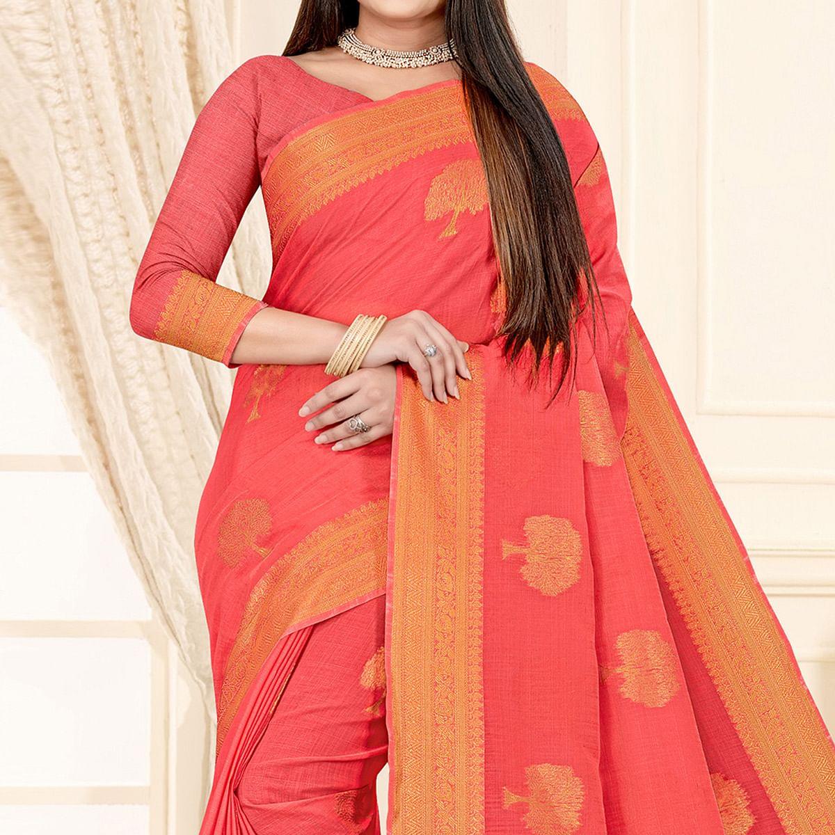 Pink Woven Cotton Silk Saree - Peachmode