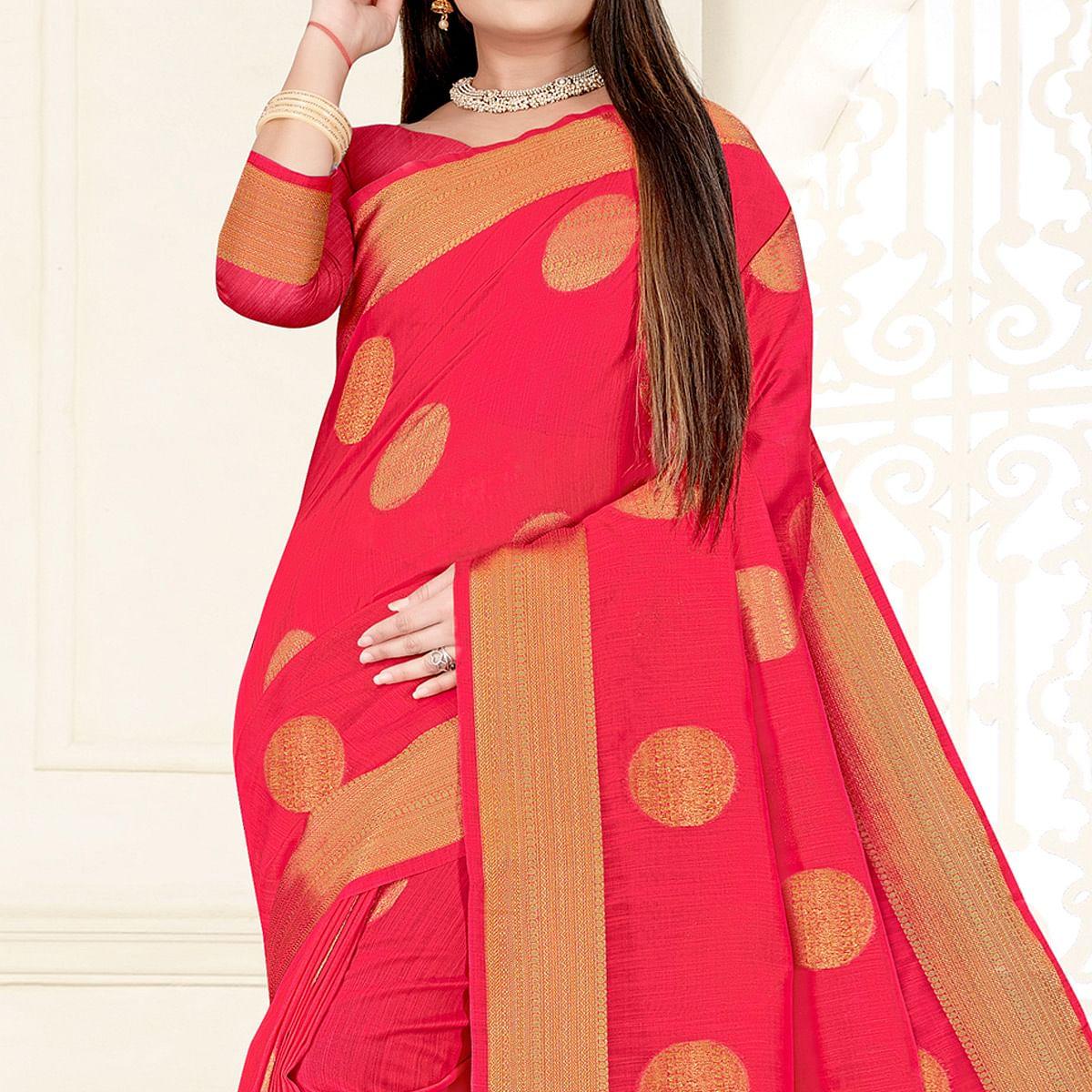 Pink Woven Cotton Silk Saree - Peachmode