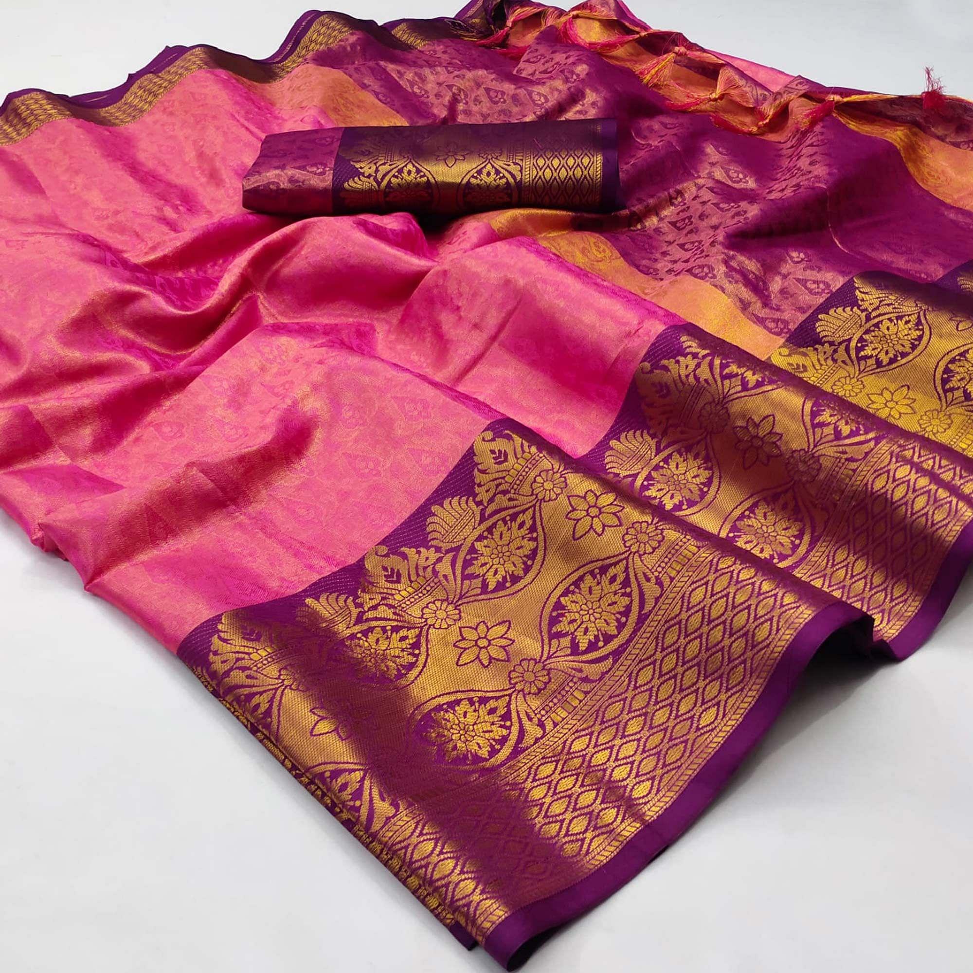 Pink Woven Cotton Silk Saree - Peachmode