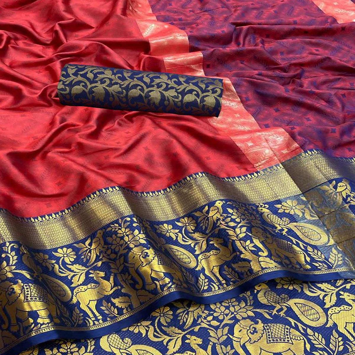 Pink Woven Cotton Silk Saree - Peachmode