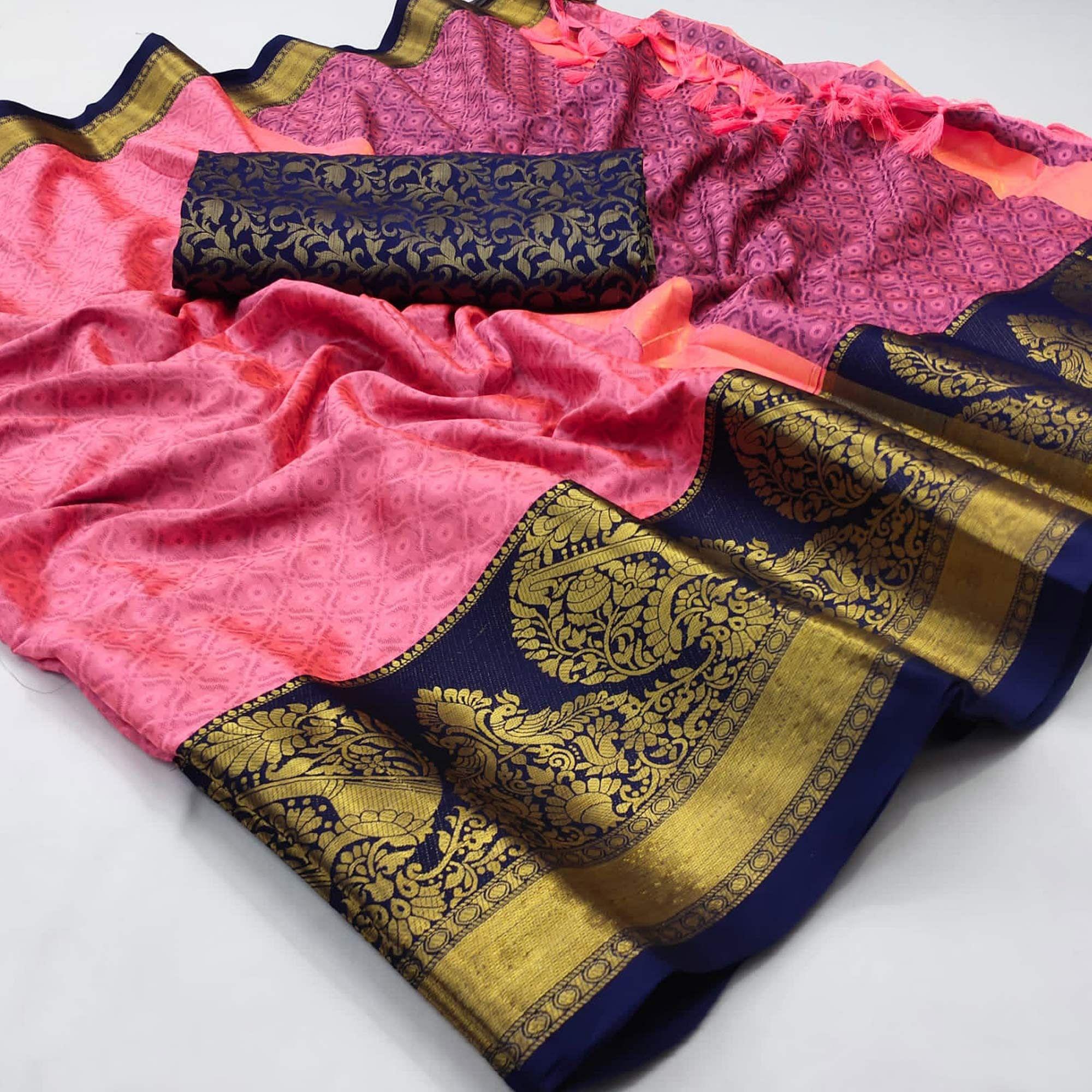 Pink Woven Cotton Silk Saree - Peachmode