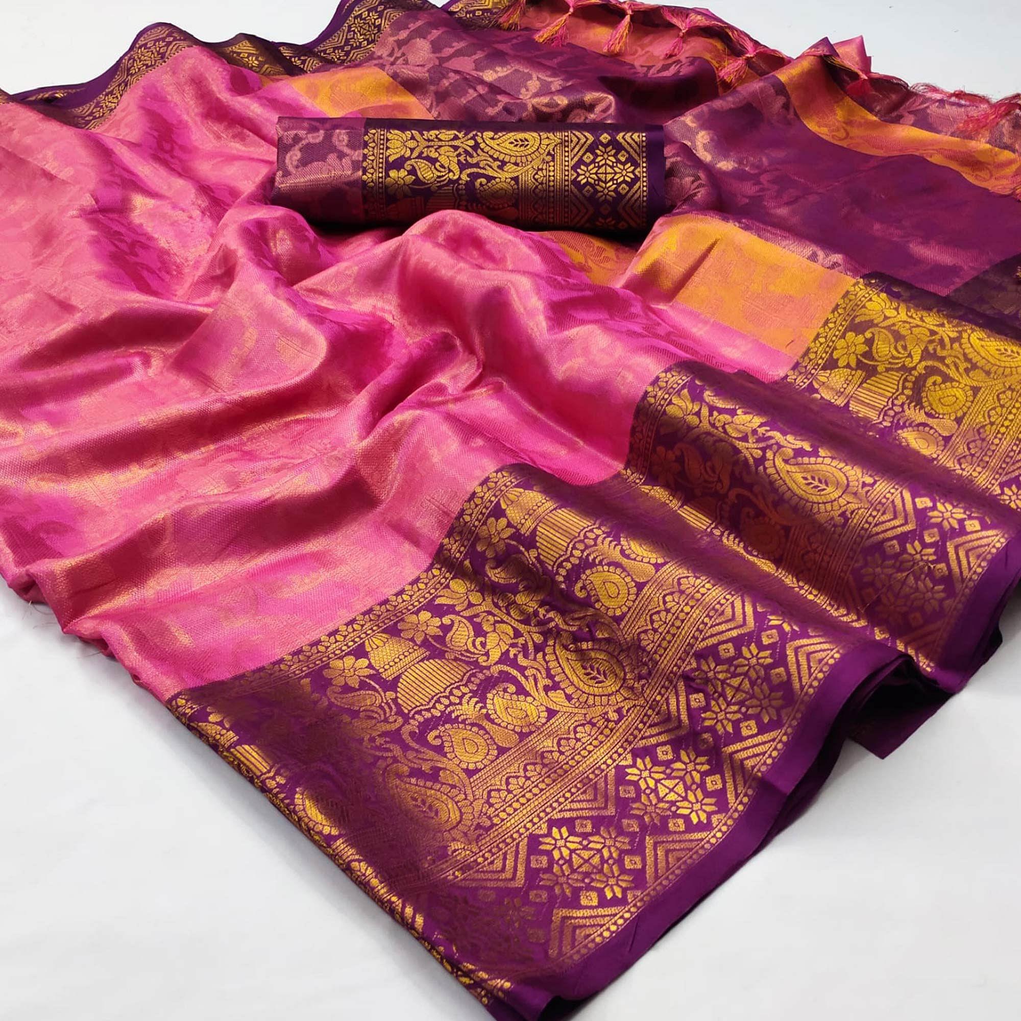 Pink Woven Cotton Silk Saree - Peachmode