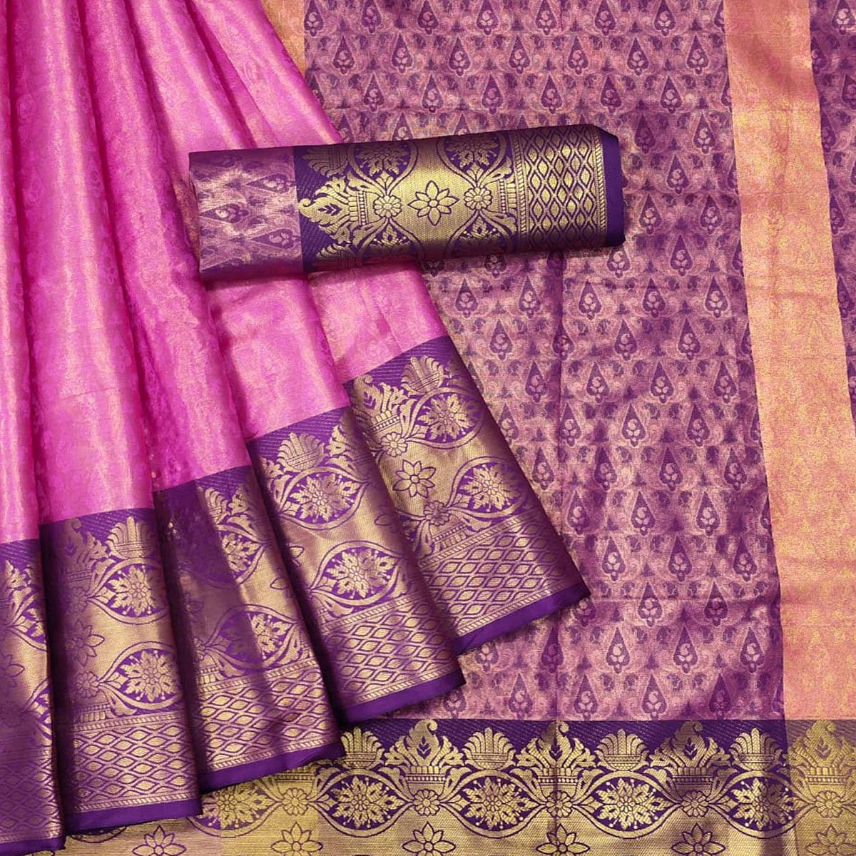 Pink Woven Cotton Silk Saree - Peachmode