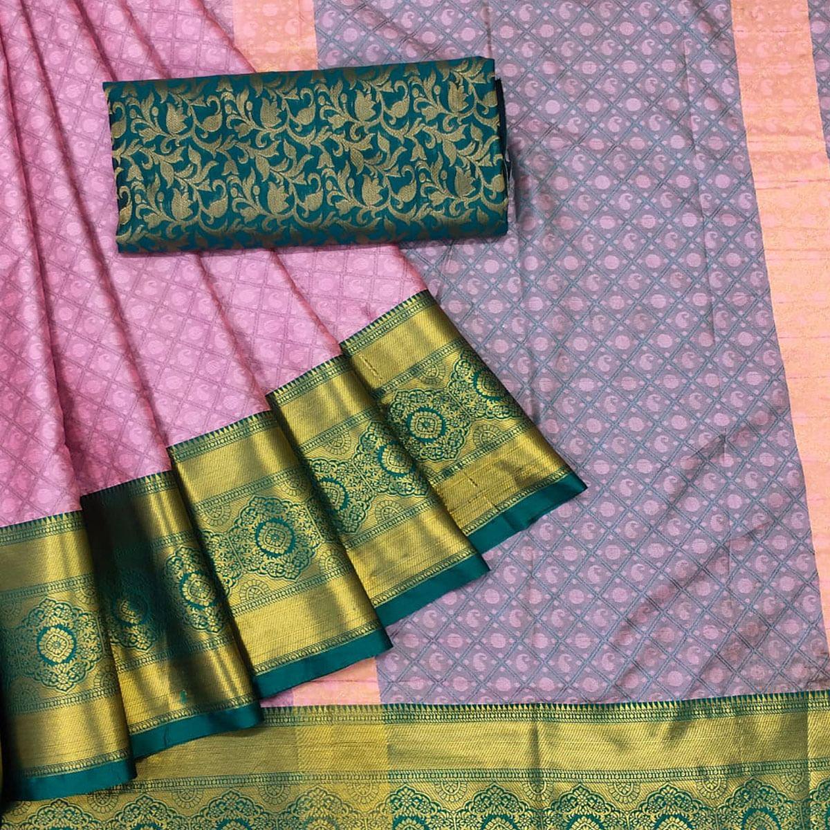 Pink Woven Cotton Silk Saree - Peachmode