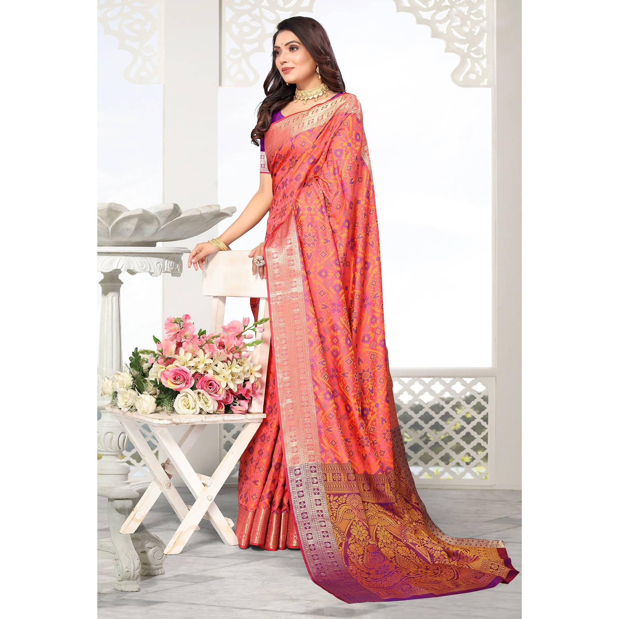 Pink Woven Cotton Silk Saree - Peachmode