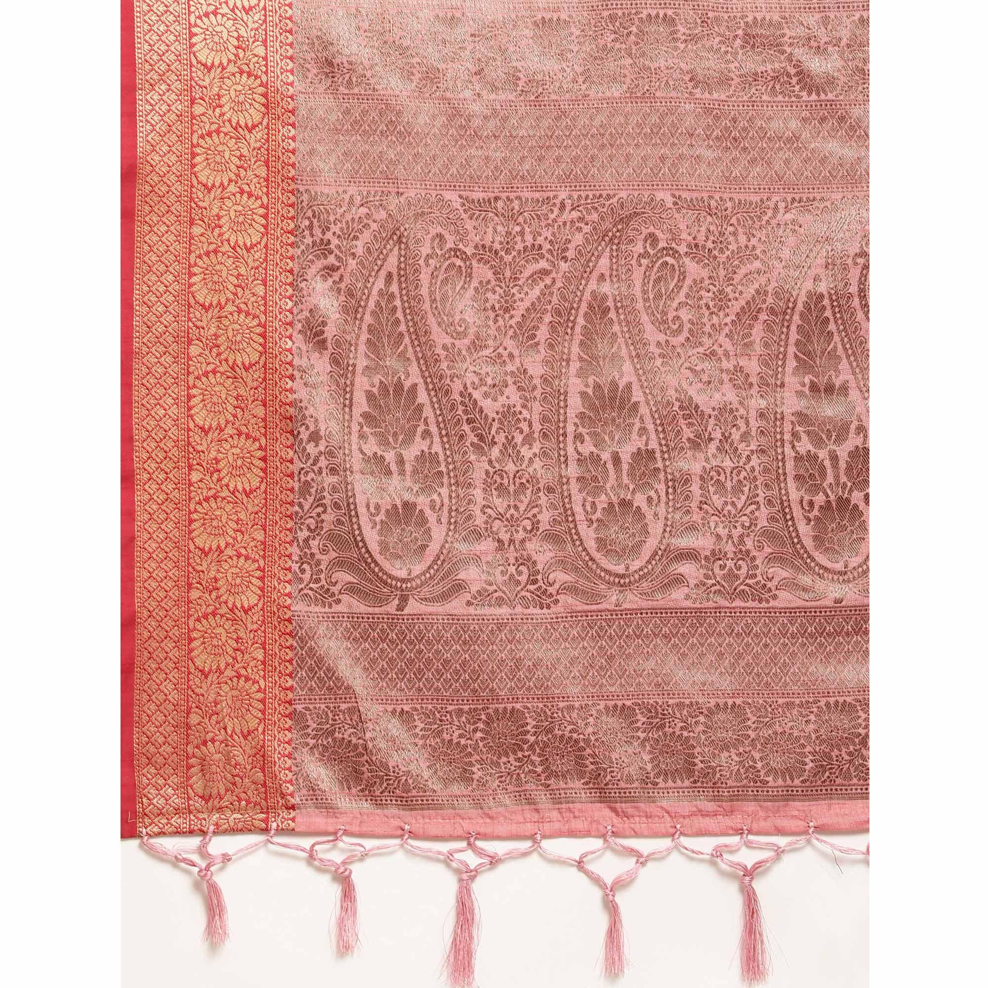 Pink Woven Cotton Silk Saree With Tassels - Peachmode