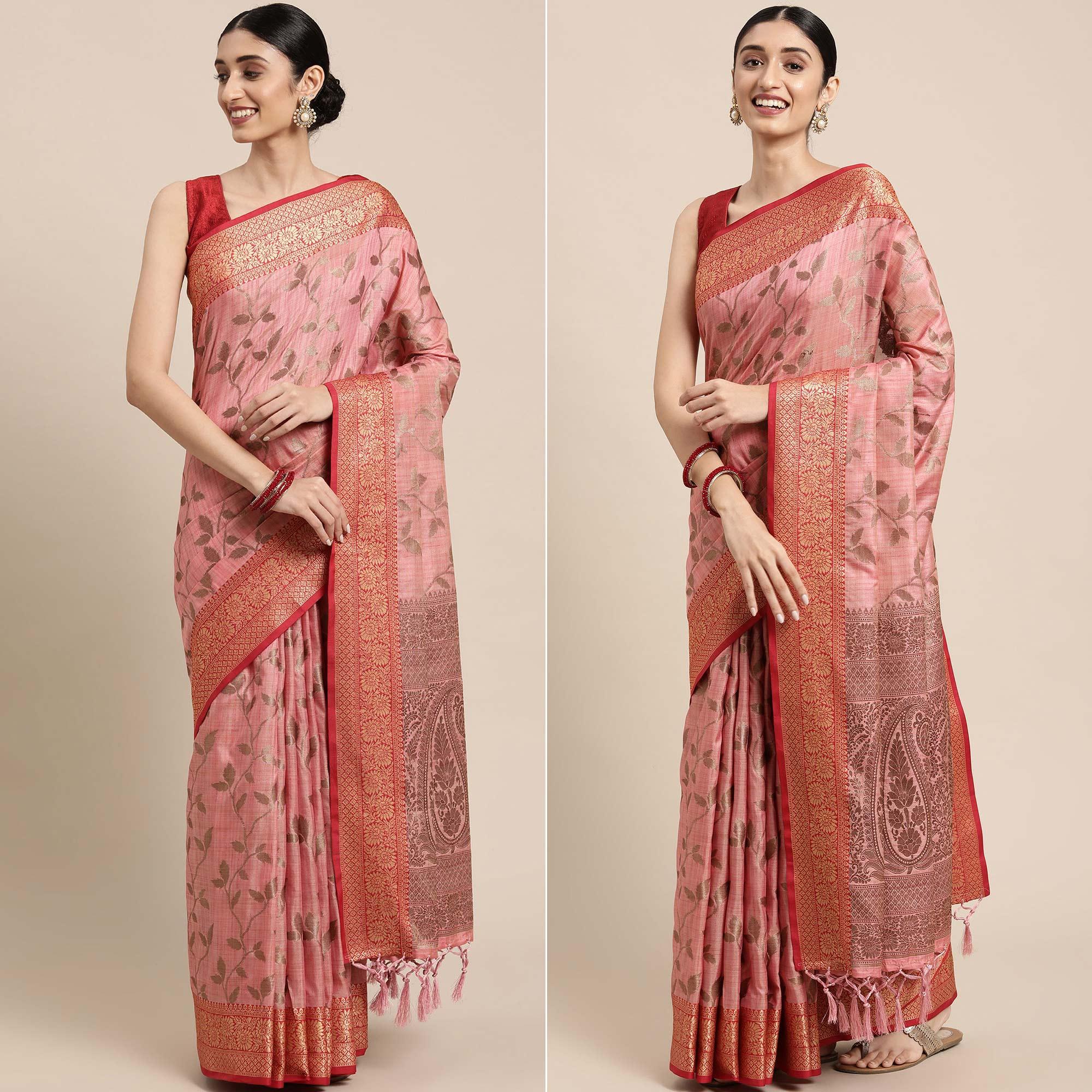 Pink Woven Cotton Silk Saree With Tassels - Peachmode