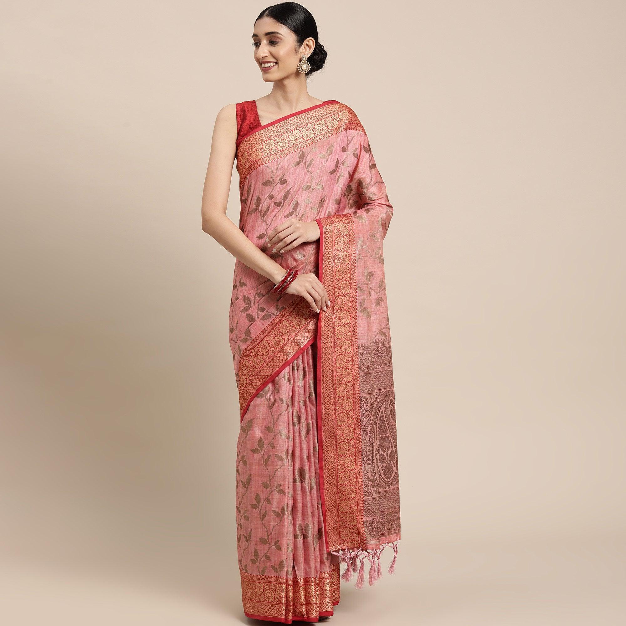 Pink Woven Cotton Silk Saree With Tassels - Peachmode