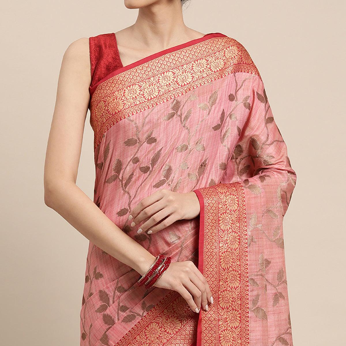 Pink Woven Cotton Silk Saree With Tassels - Peachmode