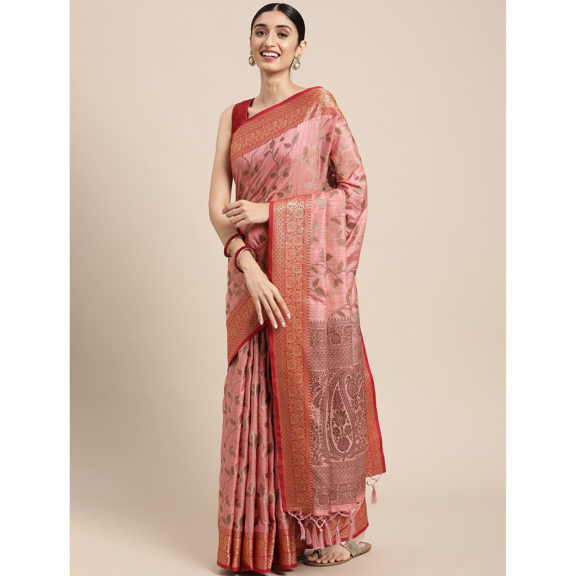 Pink Woven Cotton Silk Saree With Tassels - Peachmode