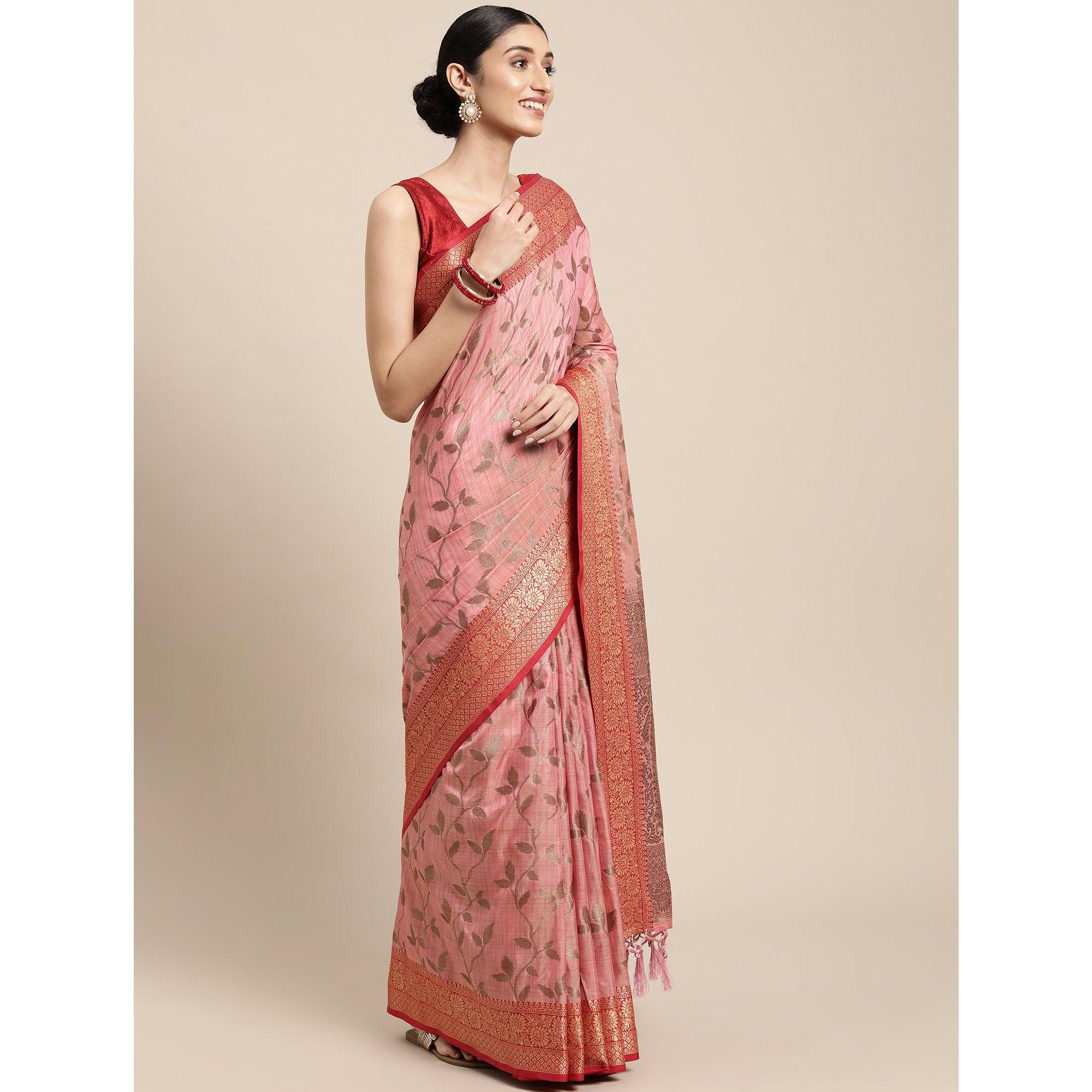 Pink Woven Cotton Silk Saree With Tassels - Peachmode