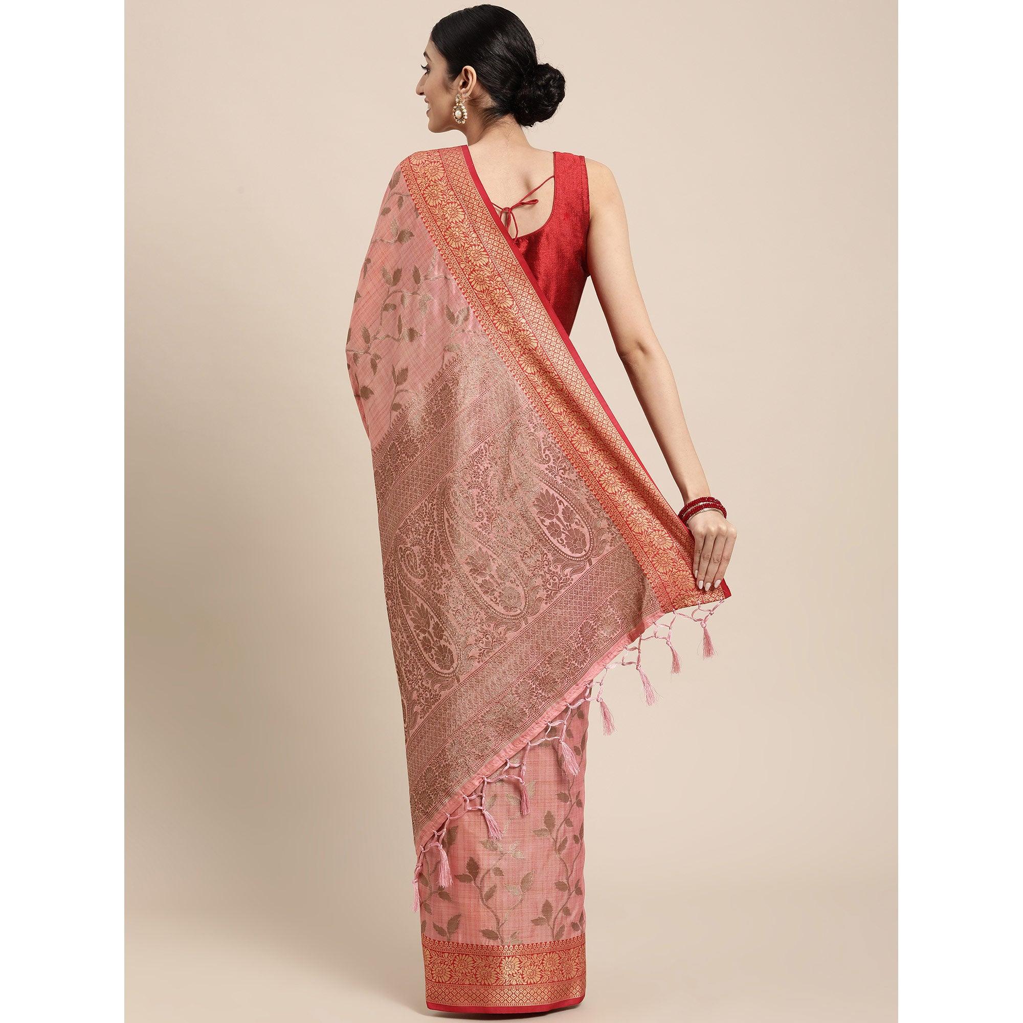 Pink Woven Cotton Silk Saree With Tassels - Peachmode
