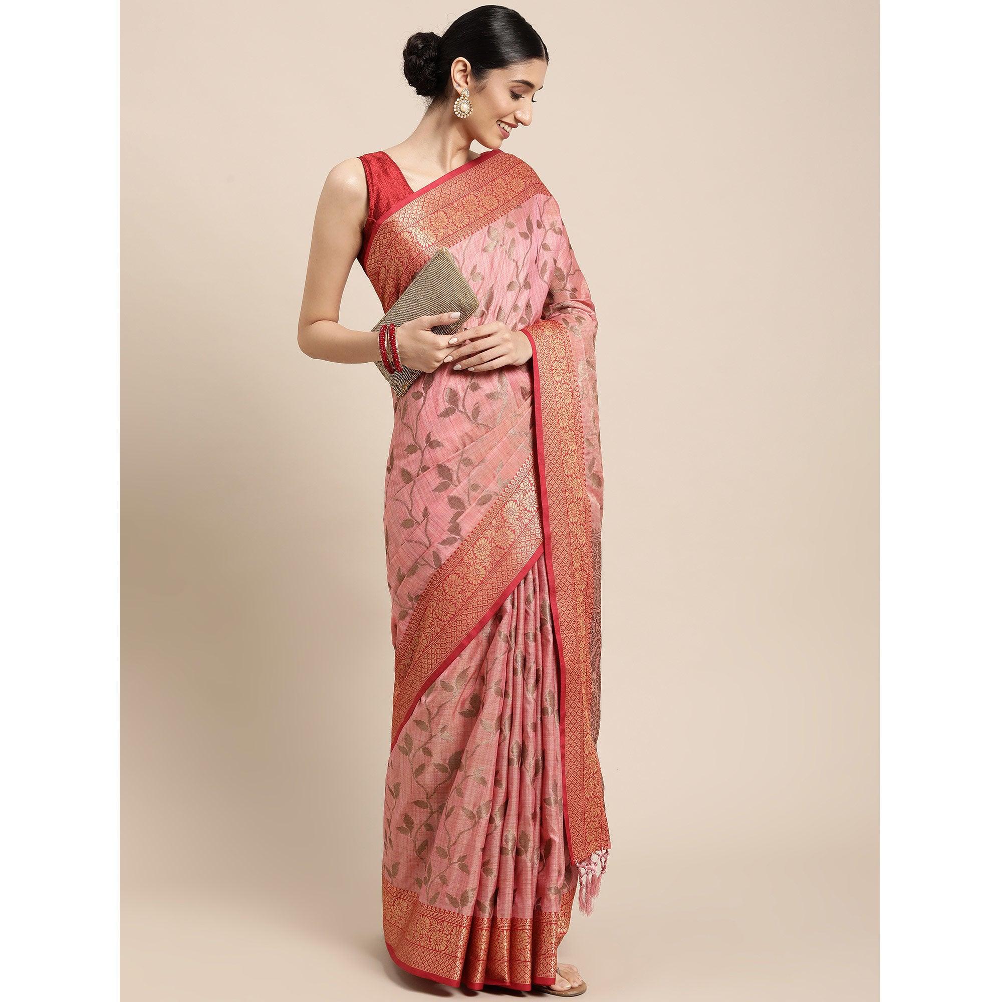 Pink Woven Cotton Silk Saree With Tassels - Peachmode