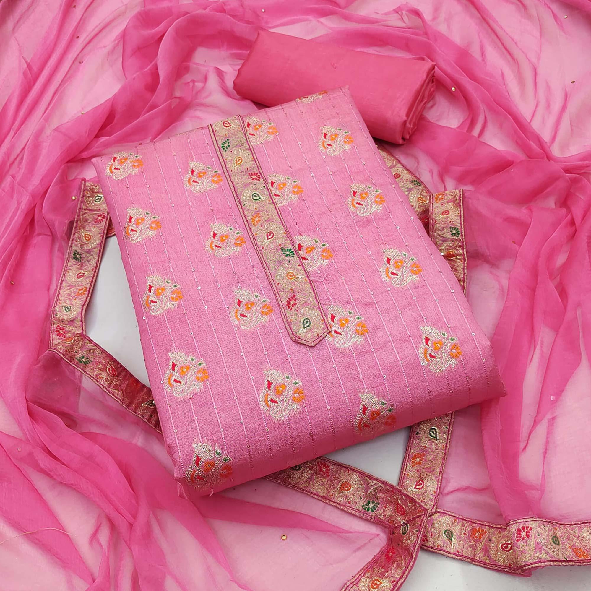 Pink Woven Dola Silk Dress Material - Peachmode