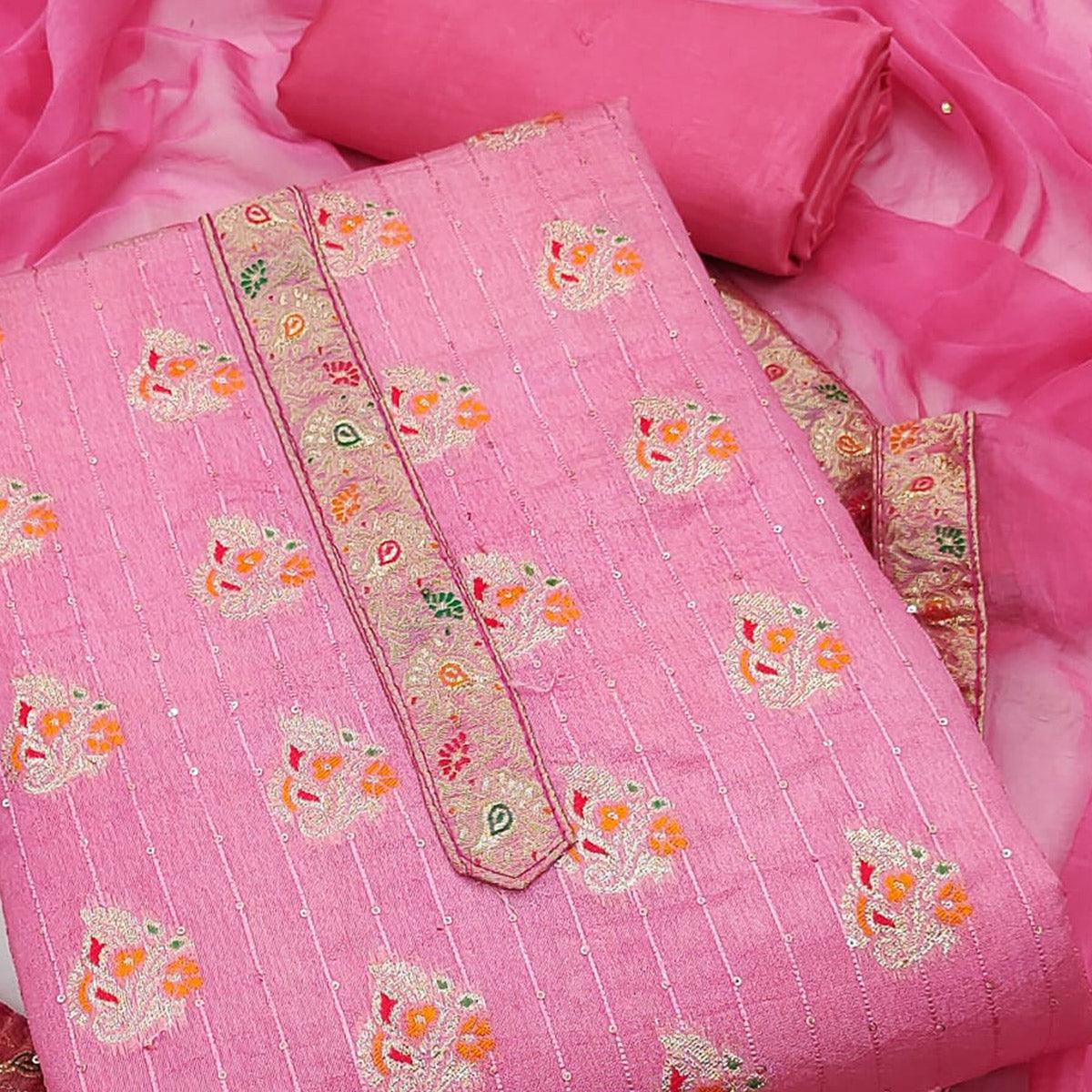 Pink Woven Dola Silk Dress Material - Peachmode