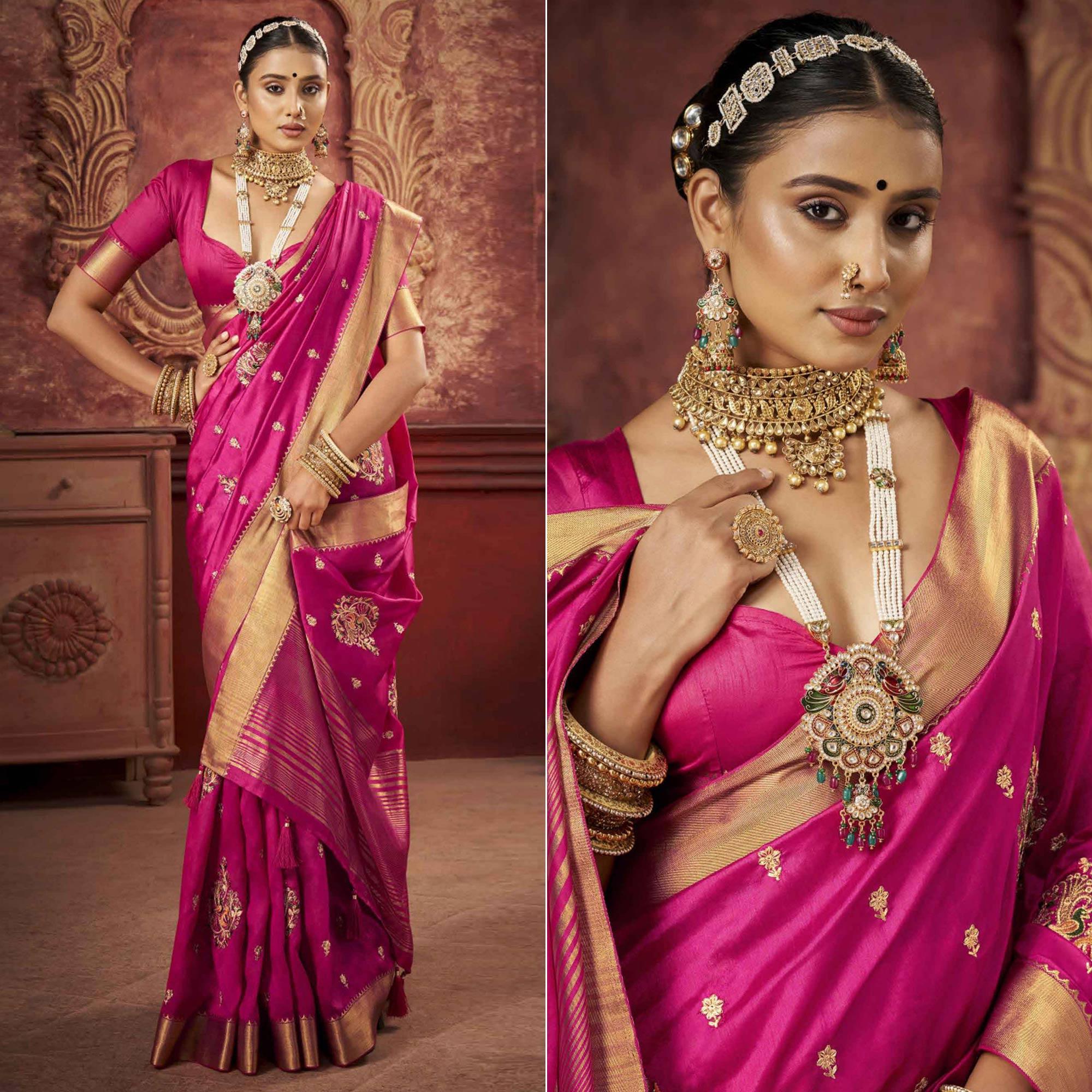 Pink Woven-Embroidered Raw Silk Saree With Tassels - Peachmode
