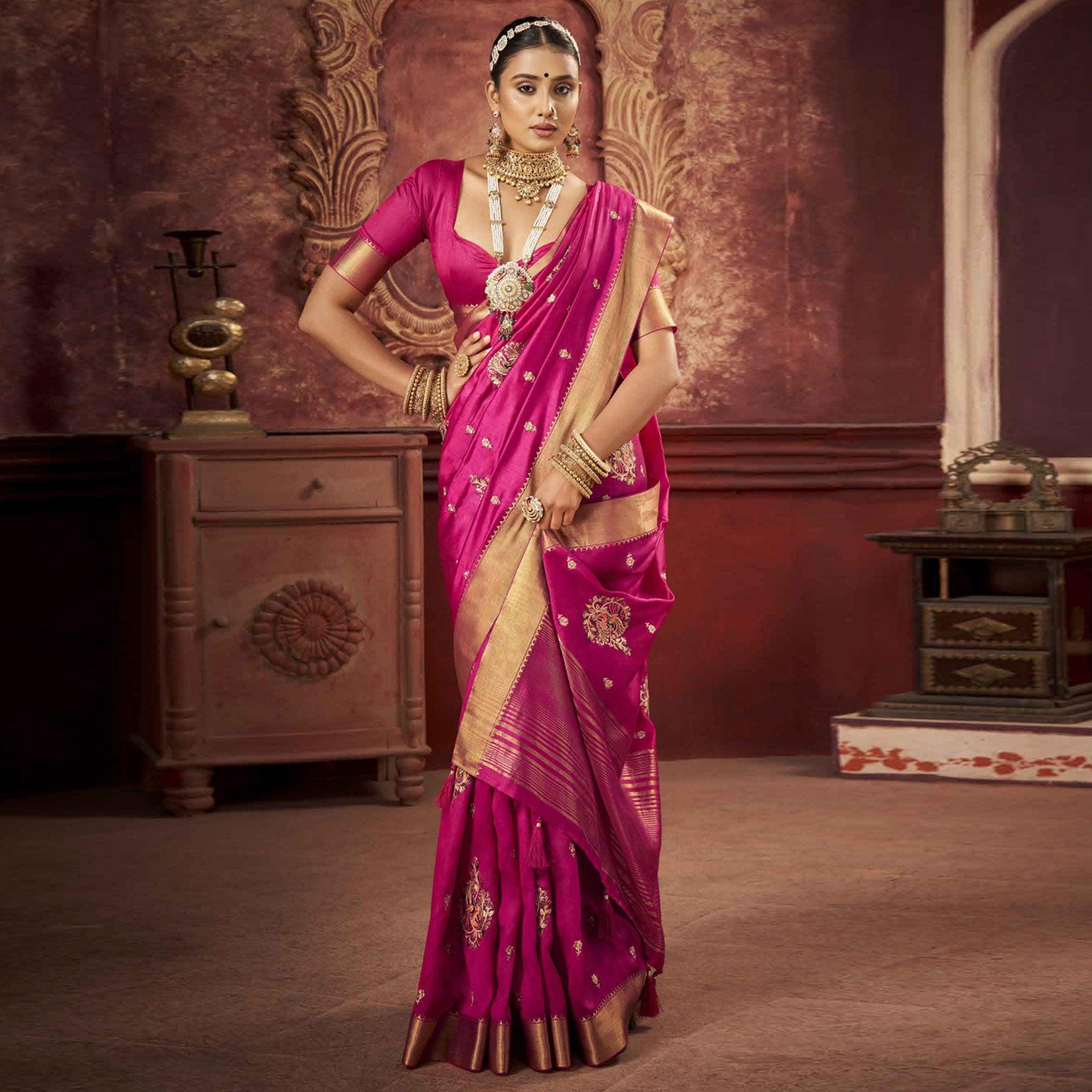 Pink Woven-Embroidered Raw Silk Saree With Tassels - Peachmode