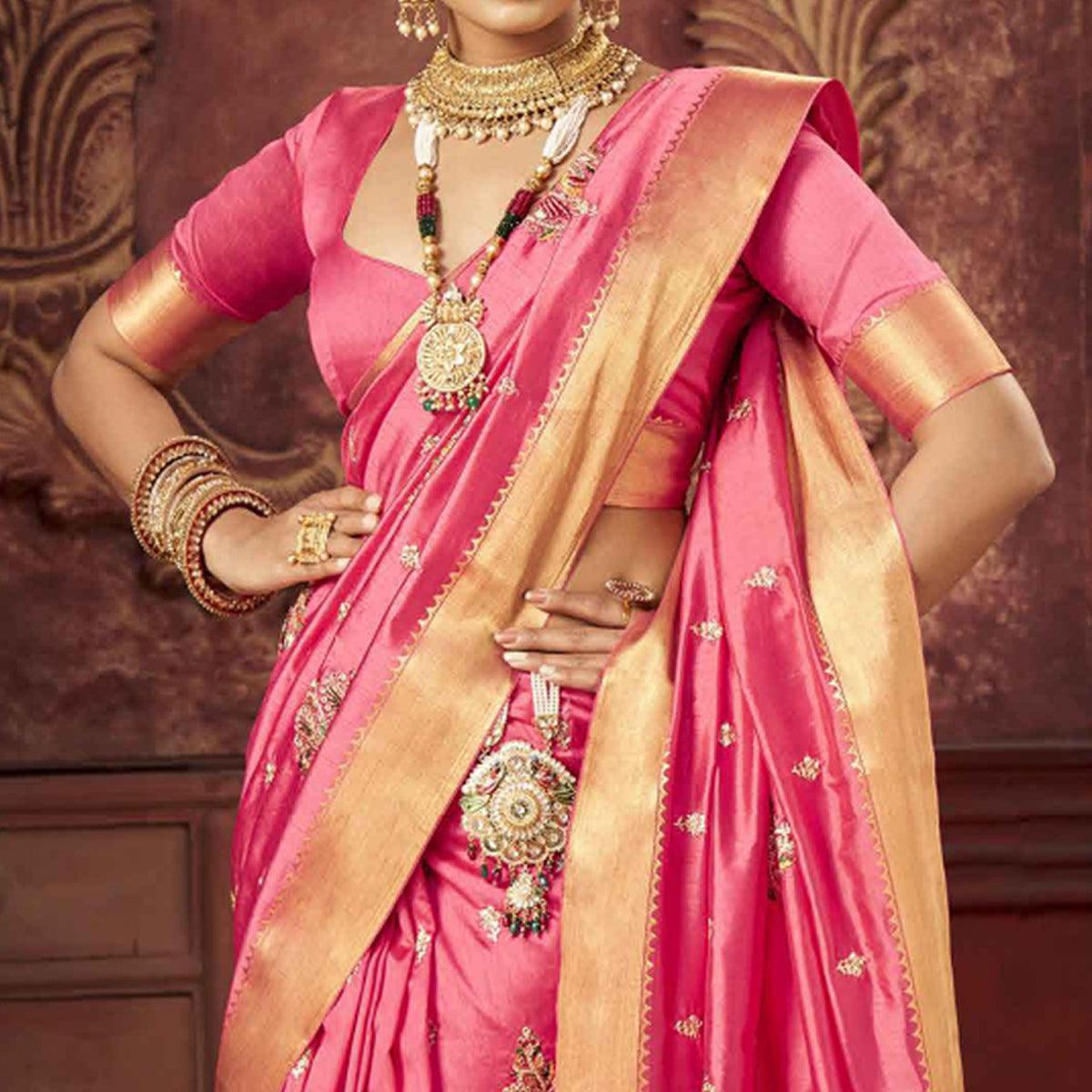 Pink Woven-Embroidered Raw Silk Saree With Tassels - Peachmode
