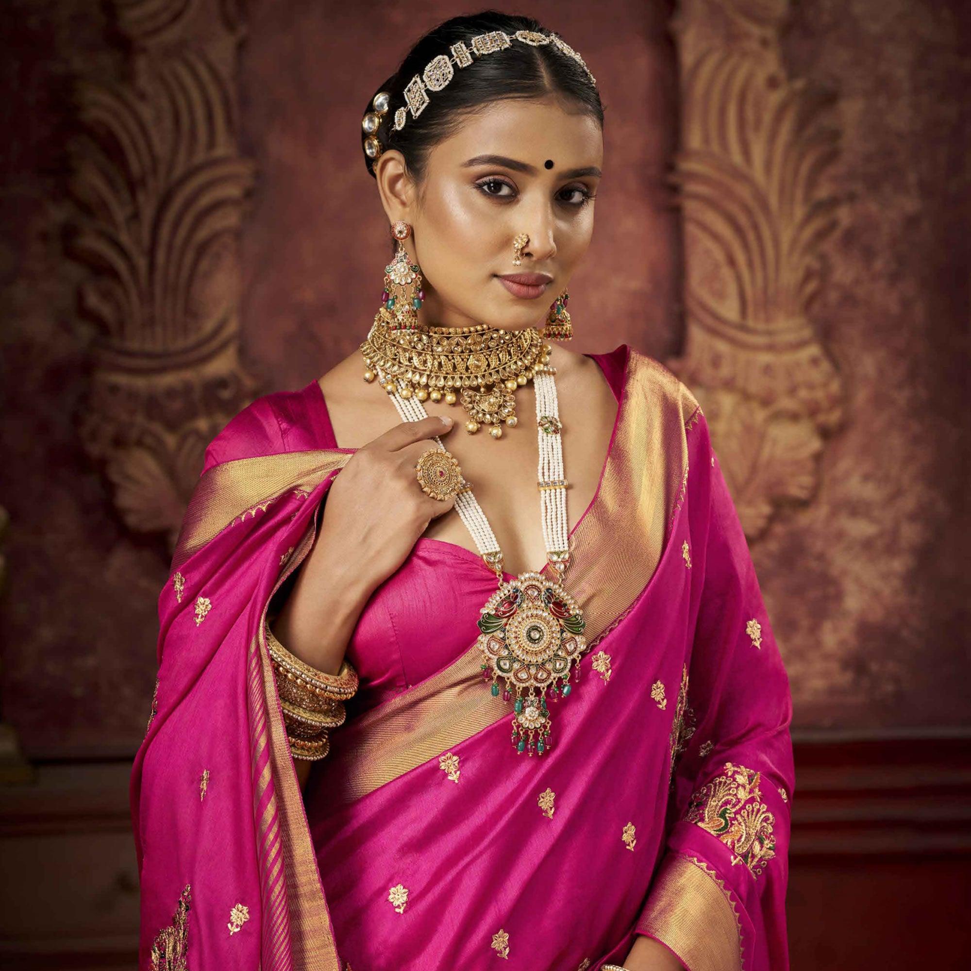 Pink Woven-Embroidered Raw Silk Saree With Tassels - Peachmode