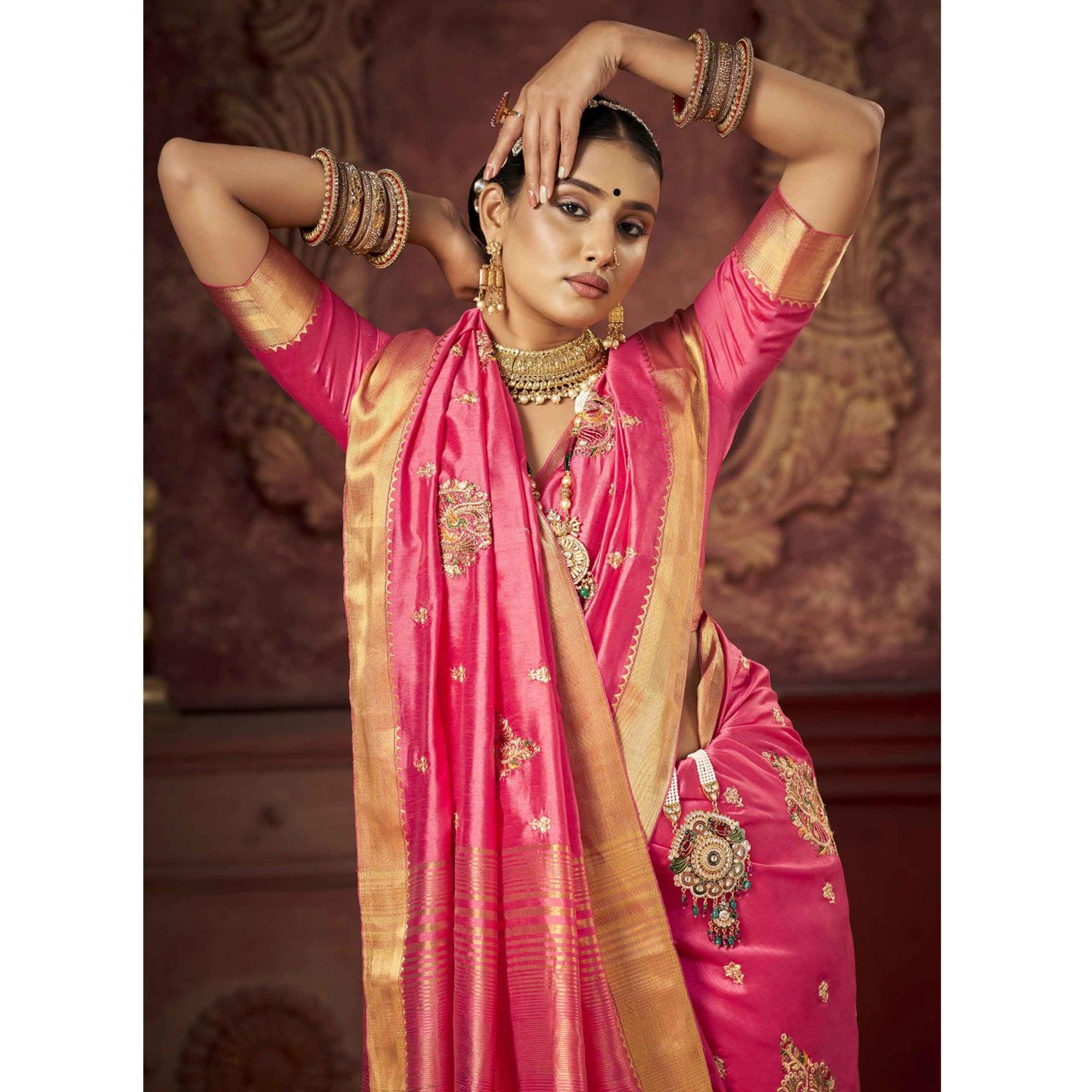 Pink Woven-Embroidered Raw Silk Saree With Tassels - Peachmode