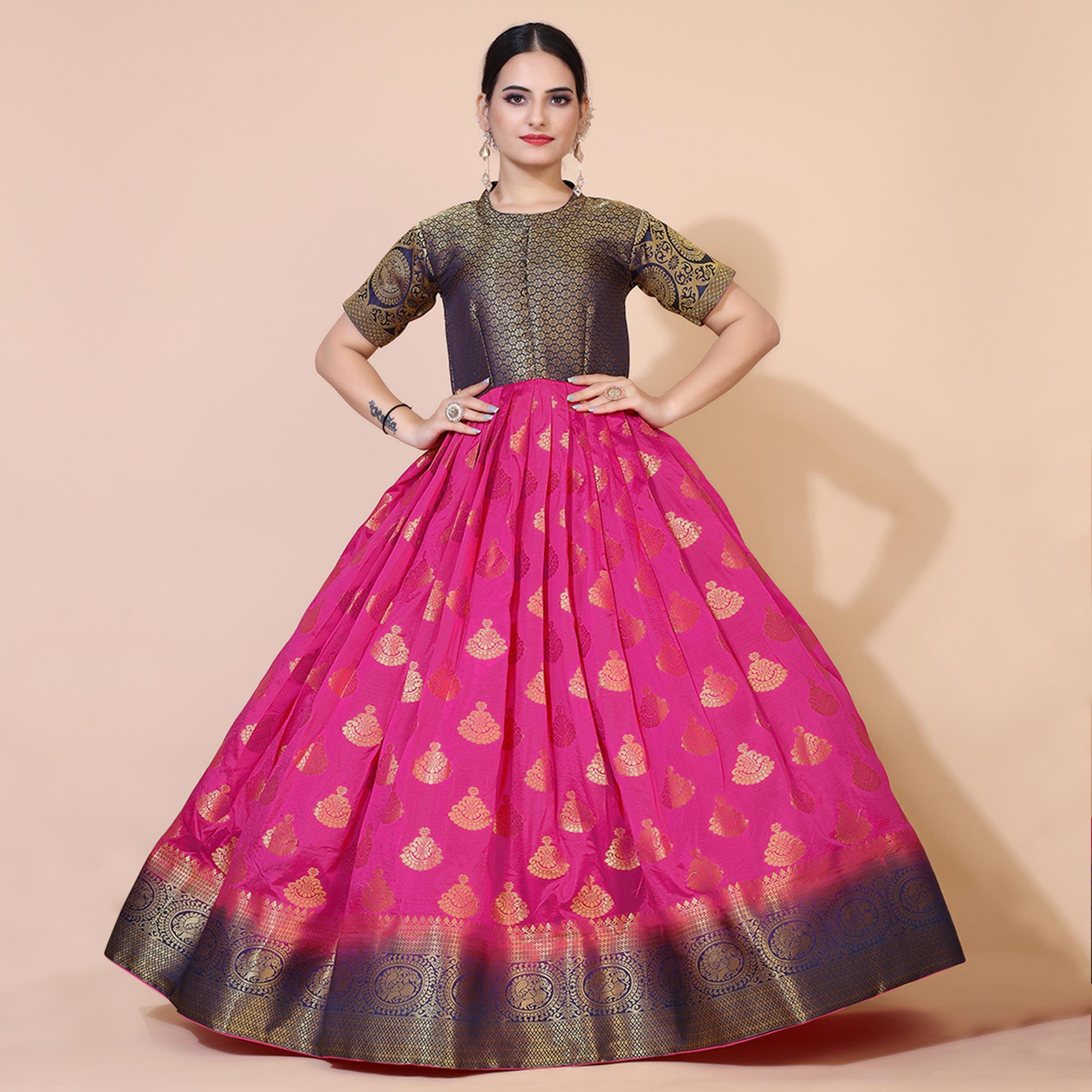 Pink Woven Jacquard Anarkali Style Gown - Peachmode