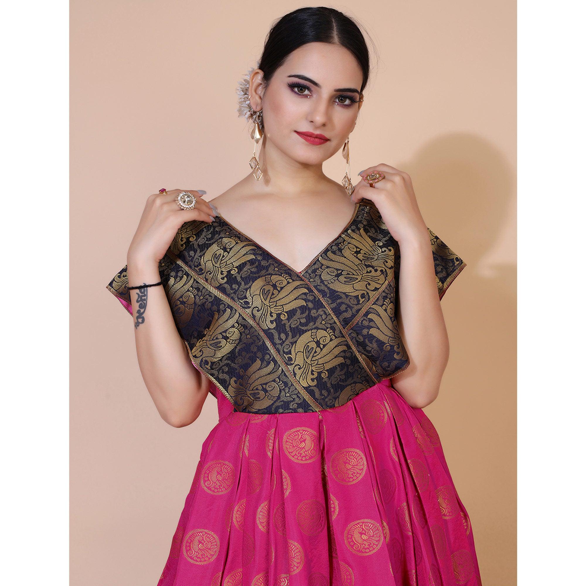 Pink Woven Jacquard Anarkali Style Gown - Peachmode