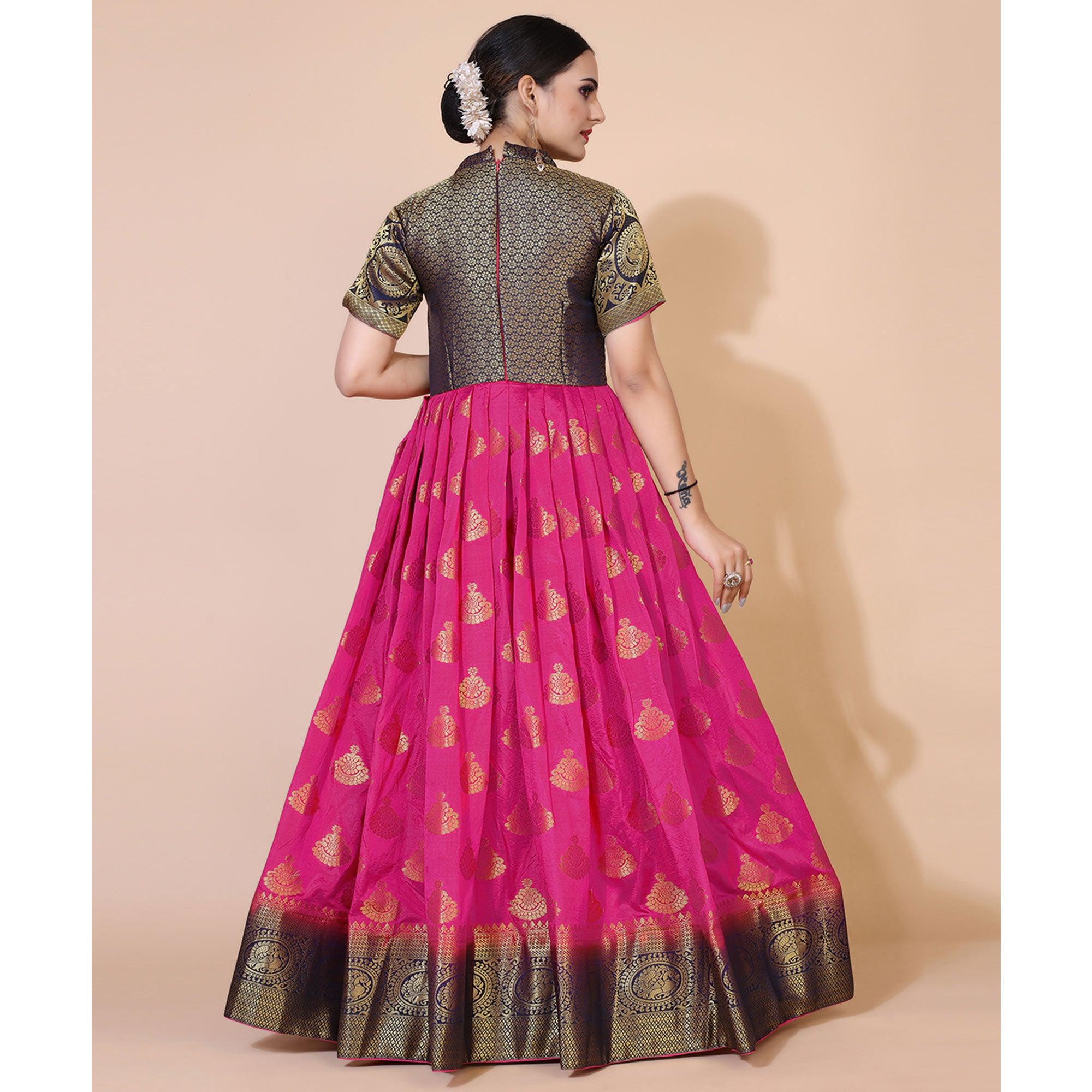 Pink Woven Jacquard Anarkali Style Gown - Peachmode