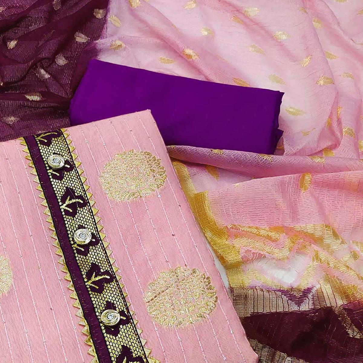 Pink Woven Jacquard Dress Material - Peachmode
