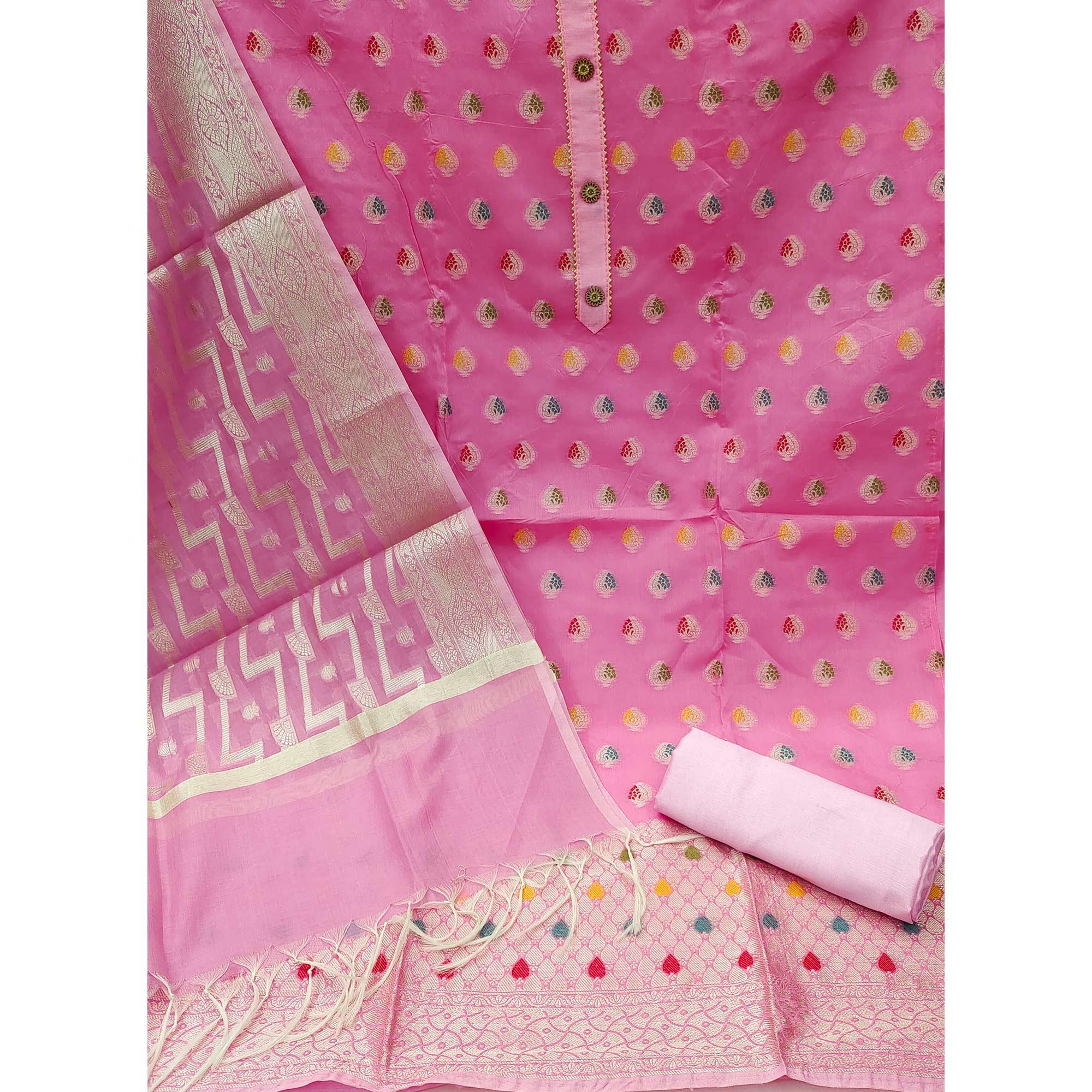 Pink Woven Jacquard Dress Material - Peachmode