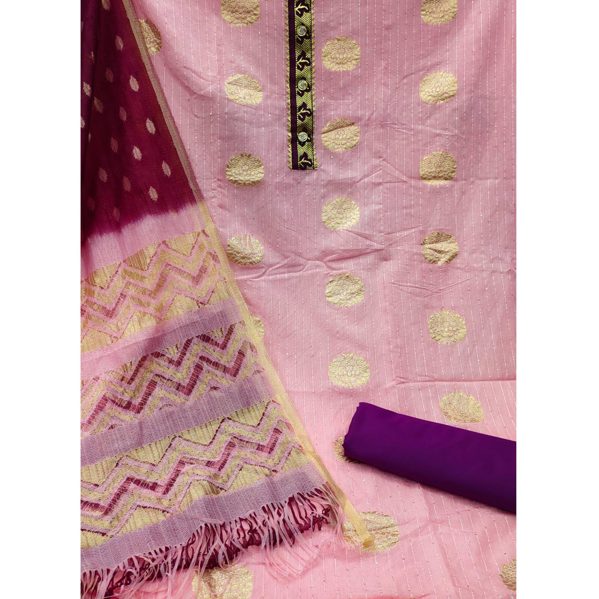 Pink Woven Jacquard Dress Material - Peachmode