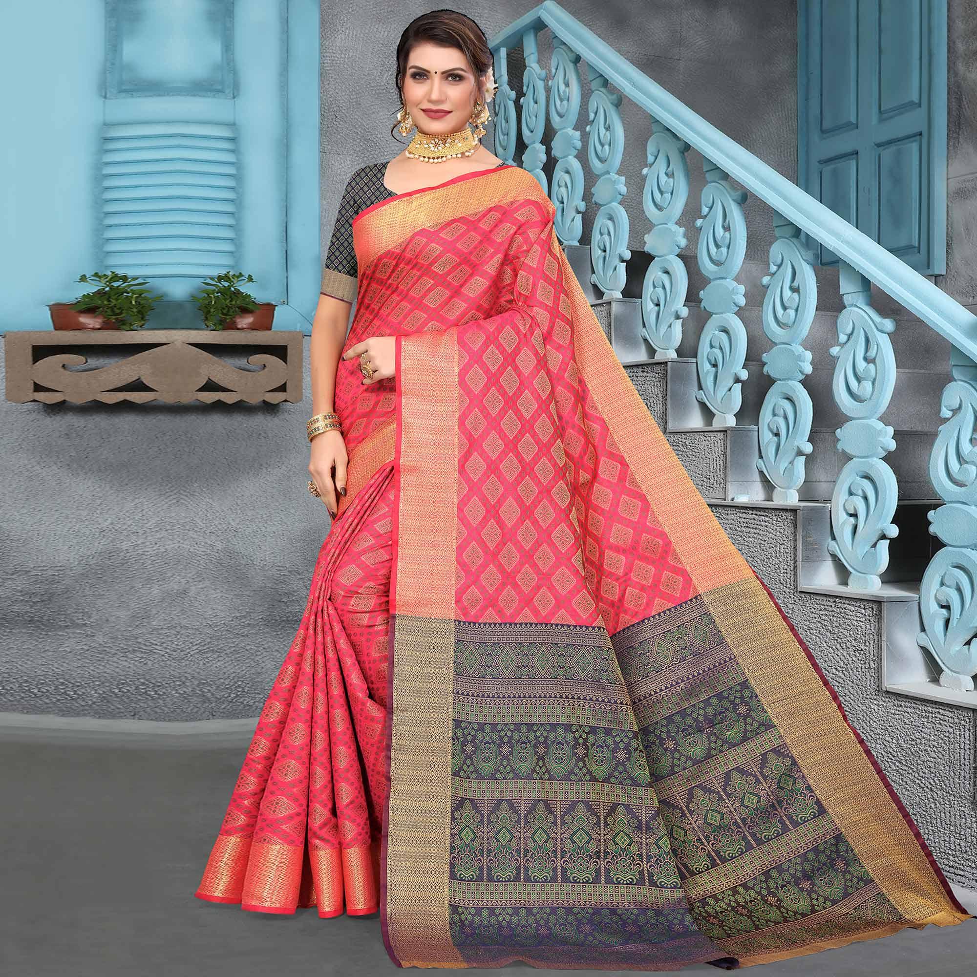 Pink Woven Jacquard Saree - Peachmode