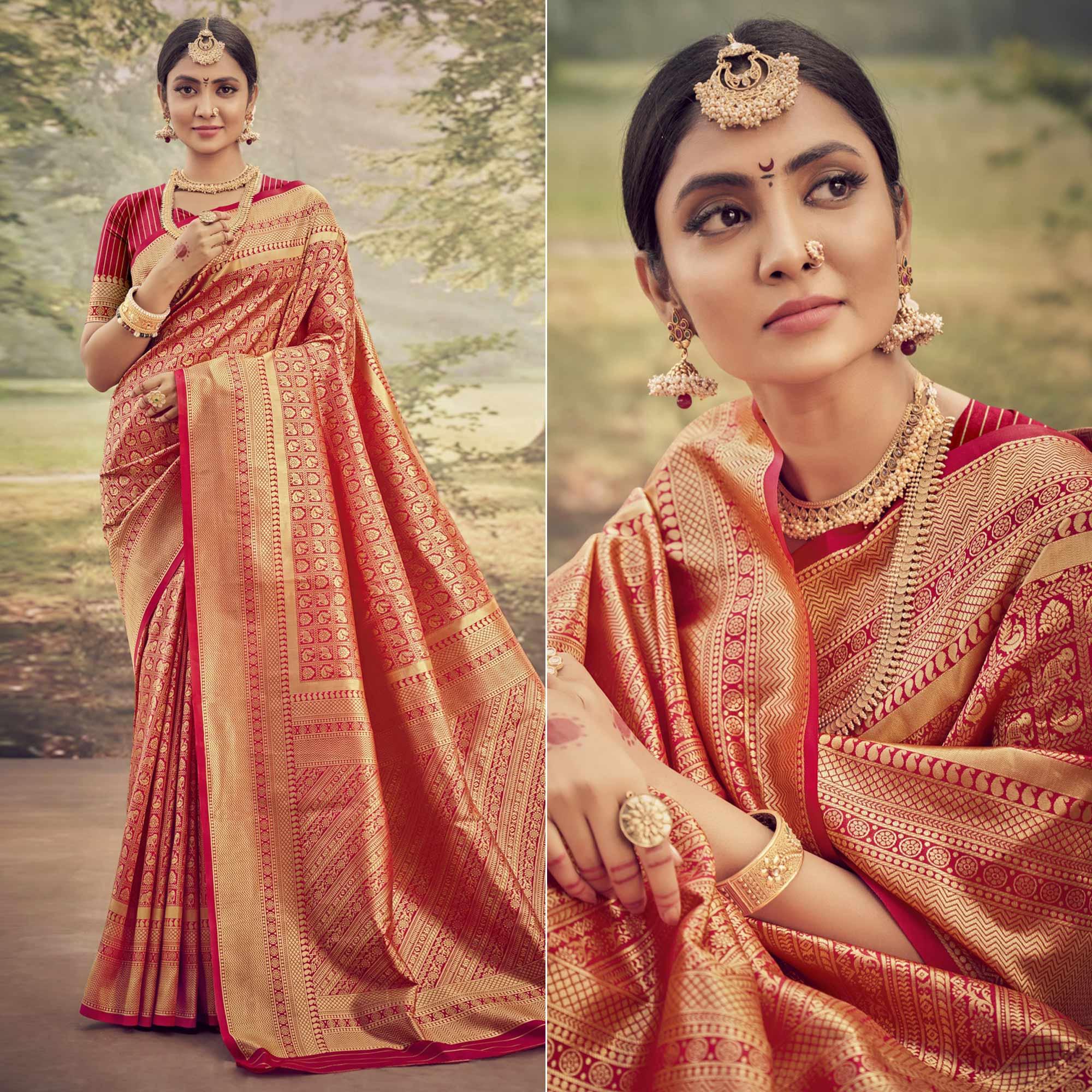 Pink Woven Jacquard Saree - Peachmode