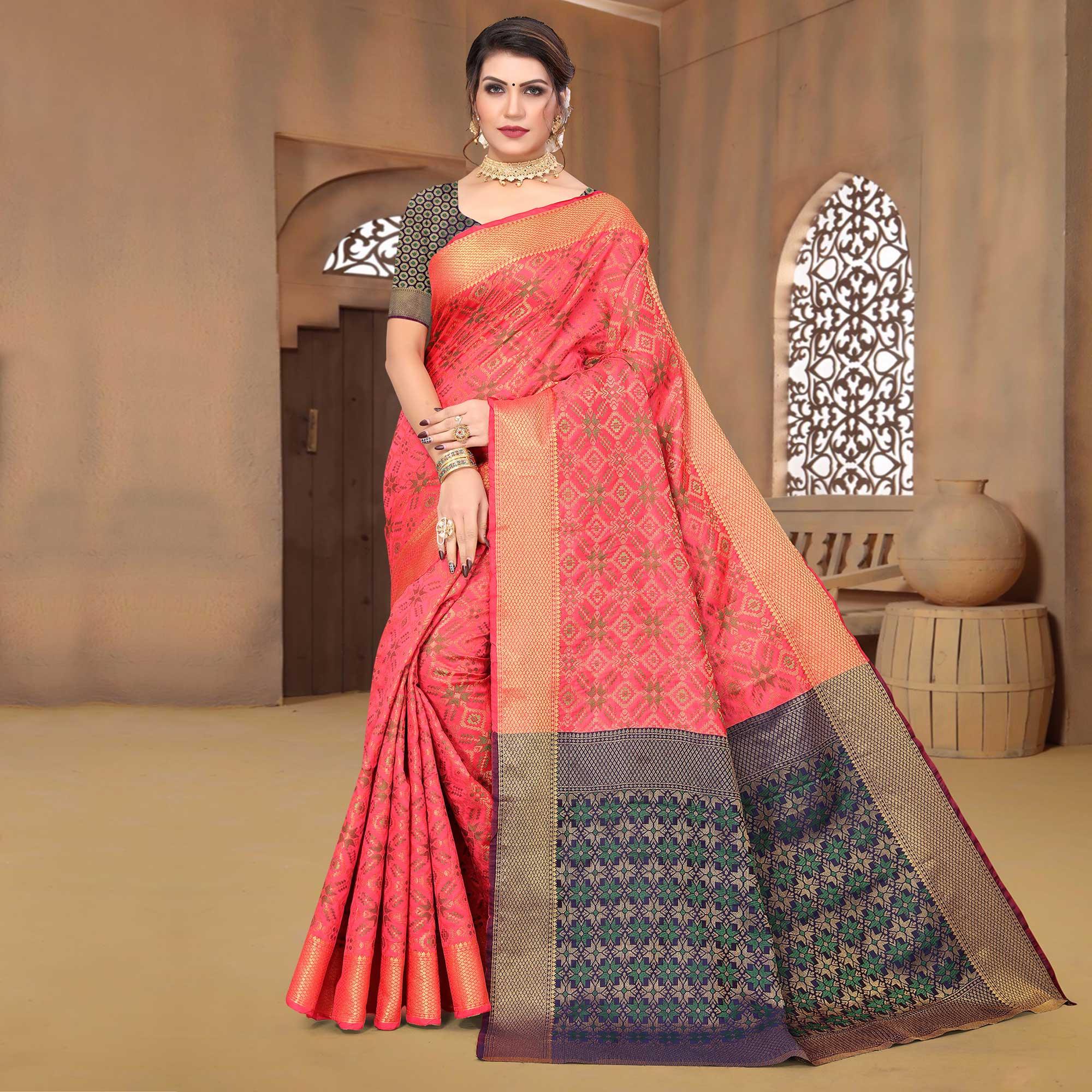 Pink Woven Jacquard Saree - Peachmode