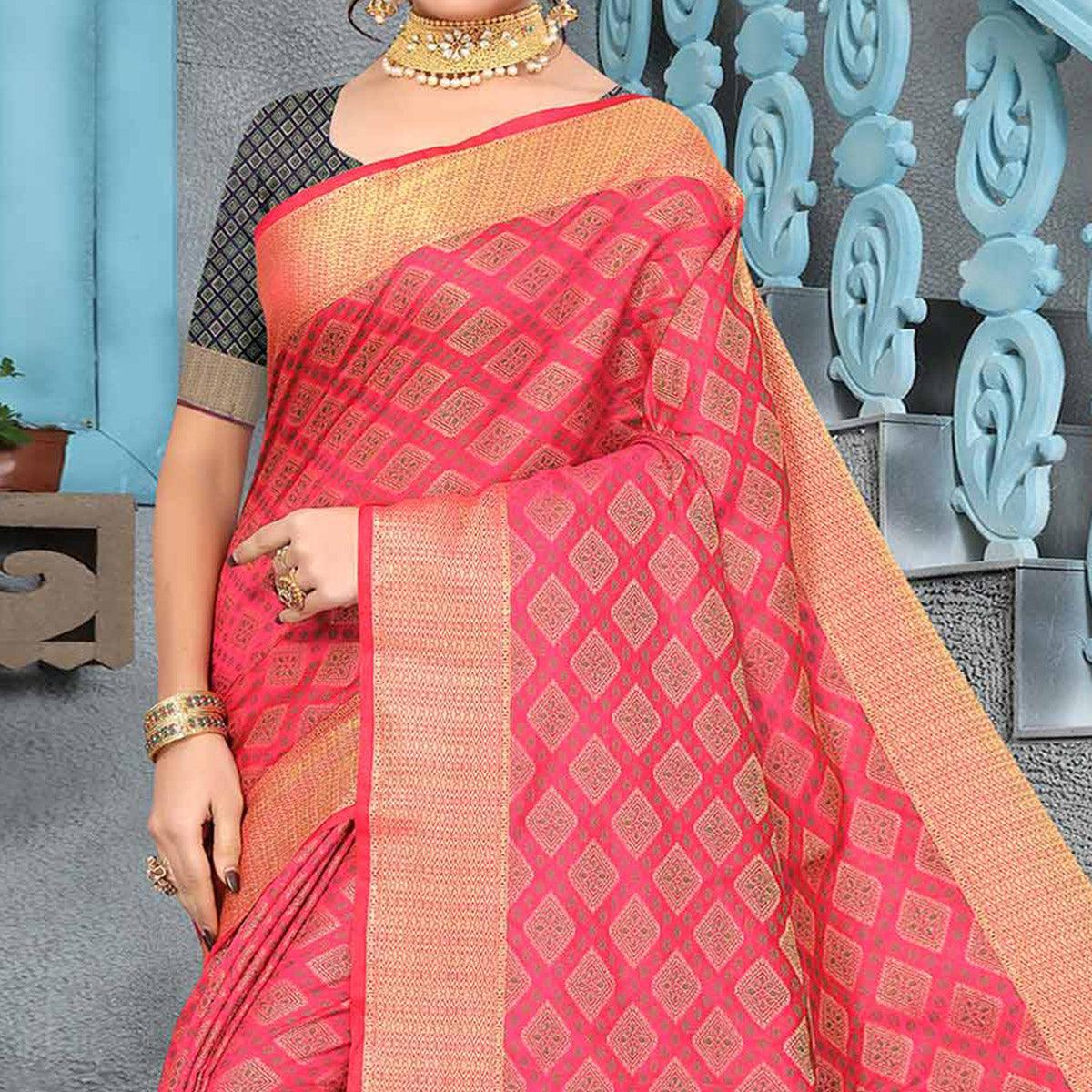 Pink Woven Jacquard Saree - Peachmode