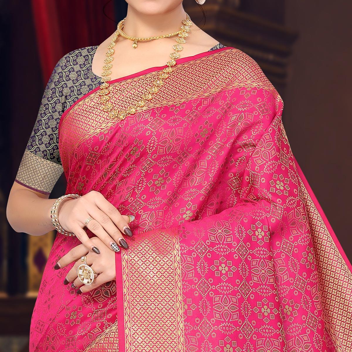 Pink Woven Jacquard Saree - Peachmode