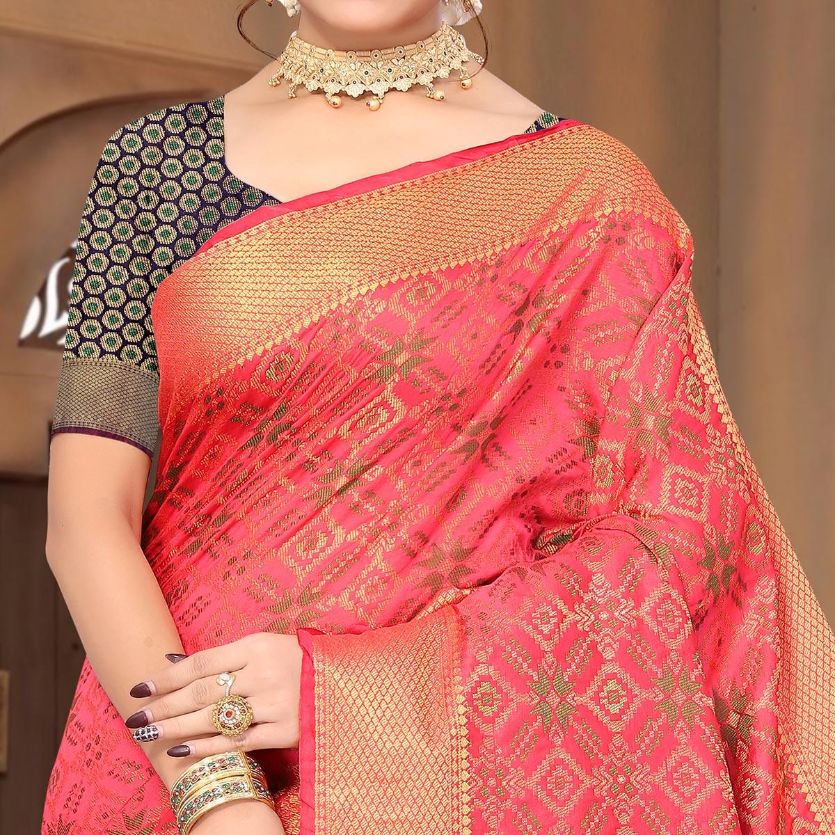 Pink Woven Jacquard Saree - Peachmode