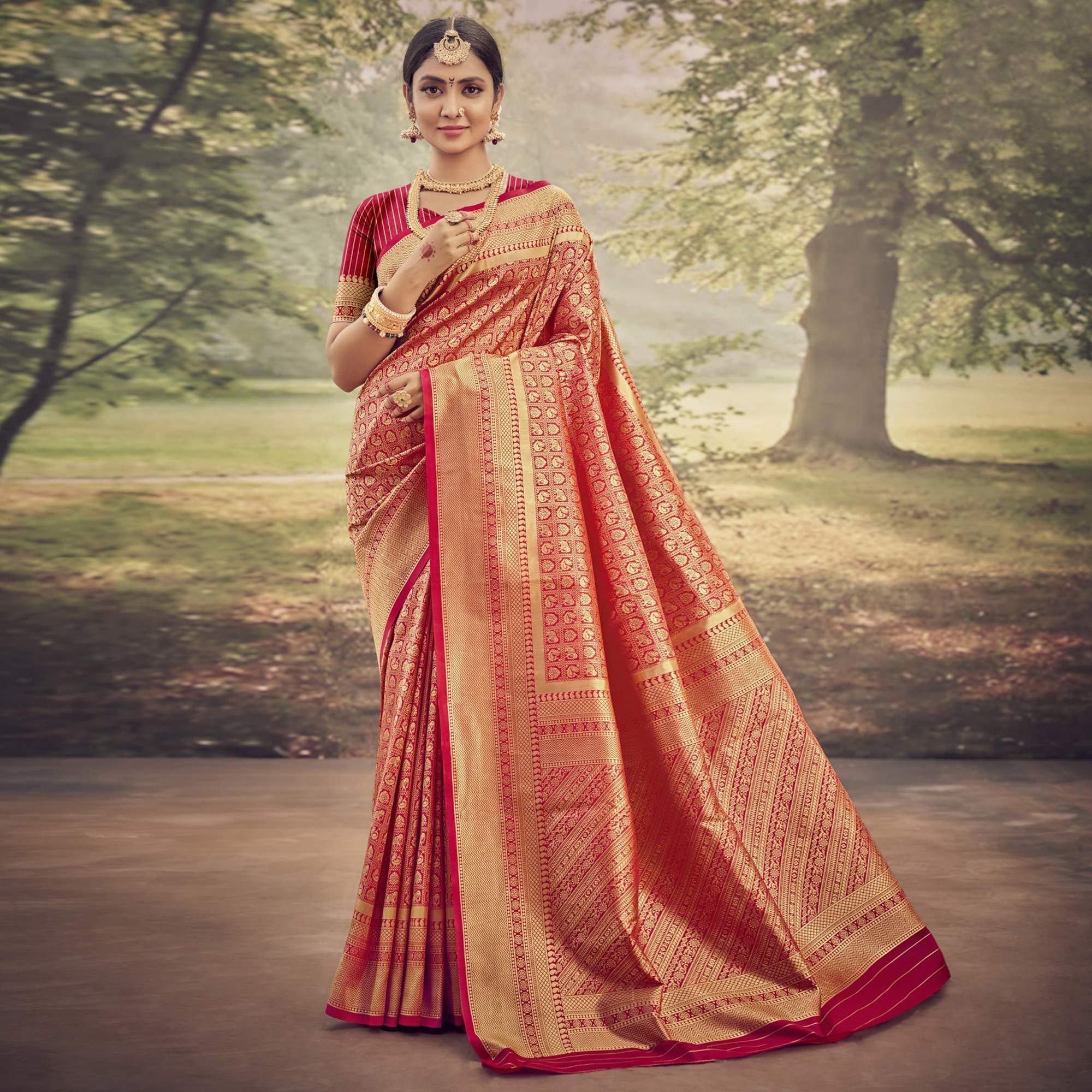 Pink Woven Jacquard Saree - Peachmode